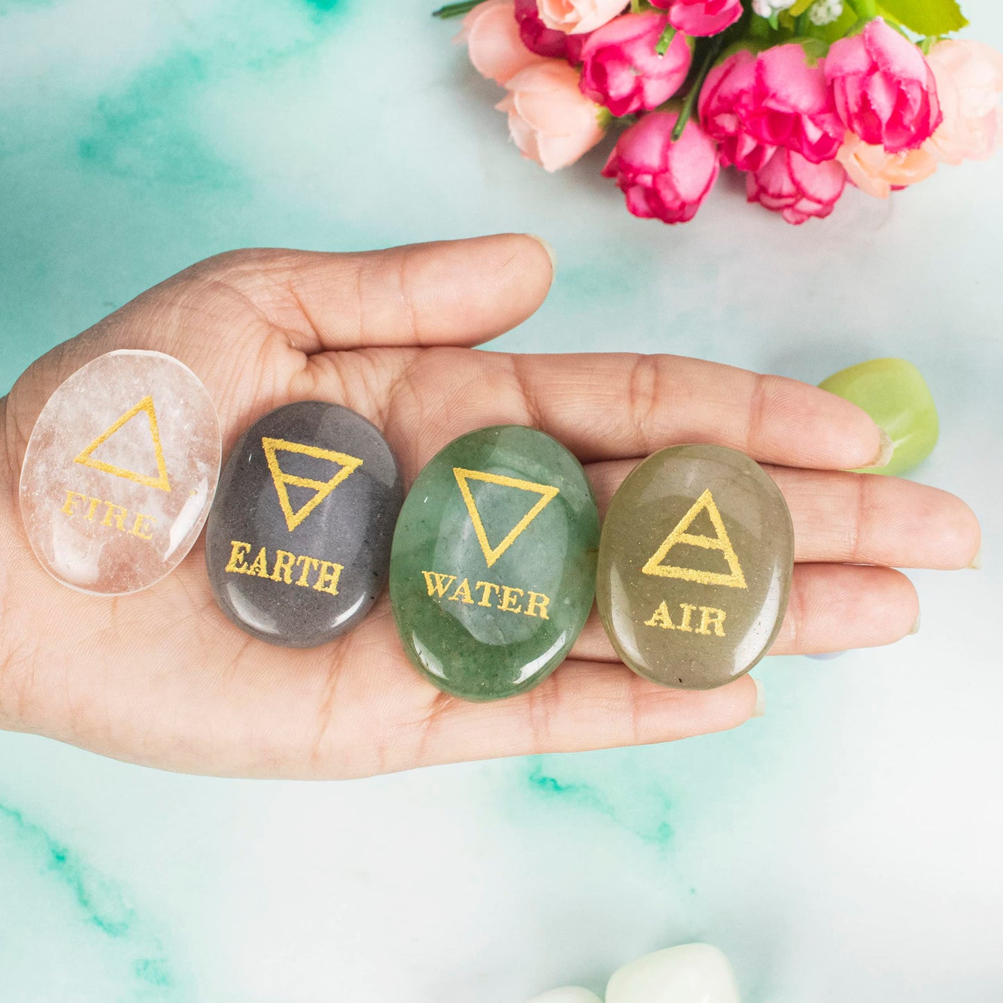 Crocon 4 Elements Assorted Stones Engraved Triangle Symbols (Earth Air Fire Water) Polished Palm Stones for Gemstone Reiki Crystals and Healing Stones Meditation Divination Tools Gifts