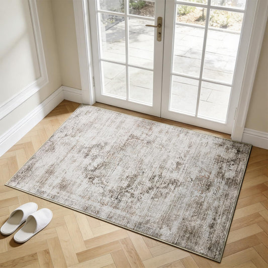 2'x3' Washable Area Rug Non-Slip, Vintage Floral Medallion Distressed Entryway Kitchen Bathroom Mat, Soft Low Pile Indoor Floor Carpet for Hallway Laundry, Ivory & Weathered Taupe Vintage-Style