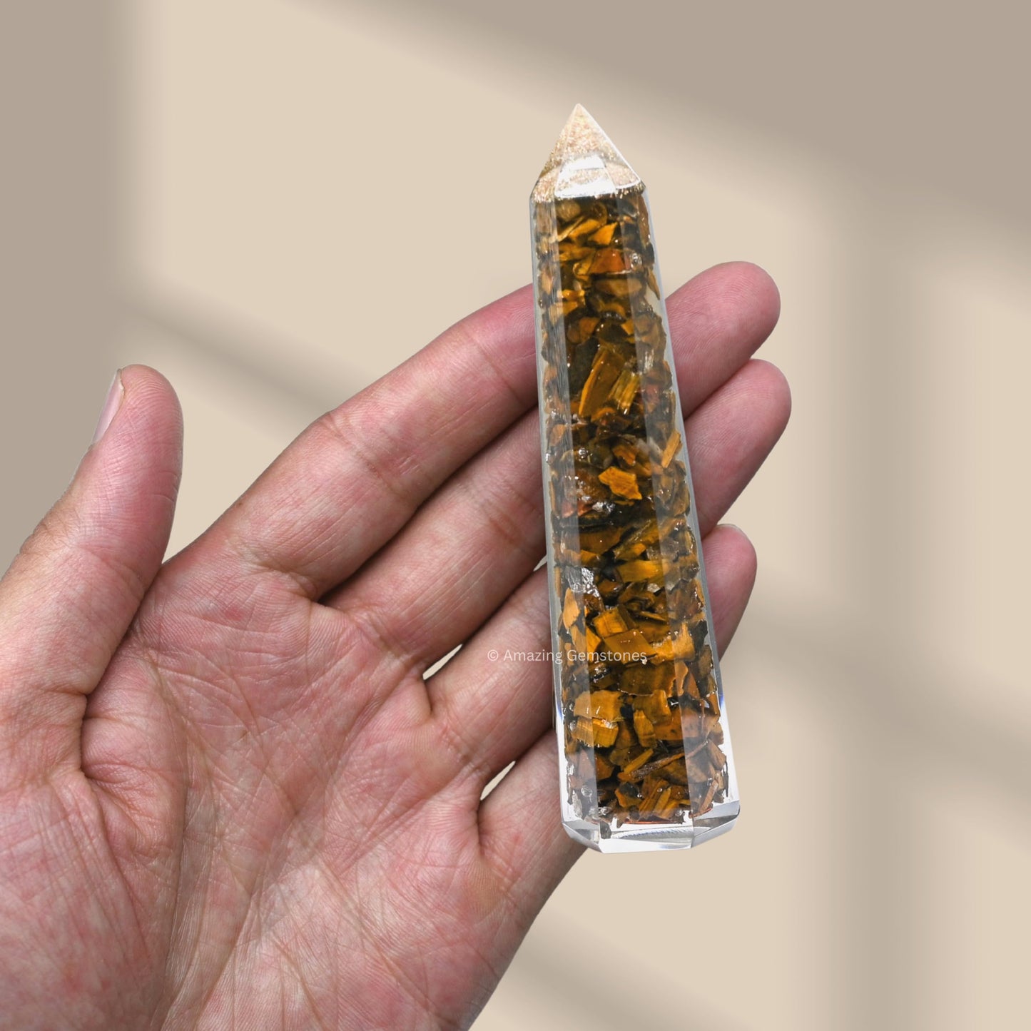 Amazing Gemstone Tiger Eye Orgonite Orgone Crystal Towers - Large 4.5" Orgonite Crystal Wand Obelisk Tower Point for Meditation, Crystals and Healing Stones Gift and Protection