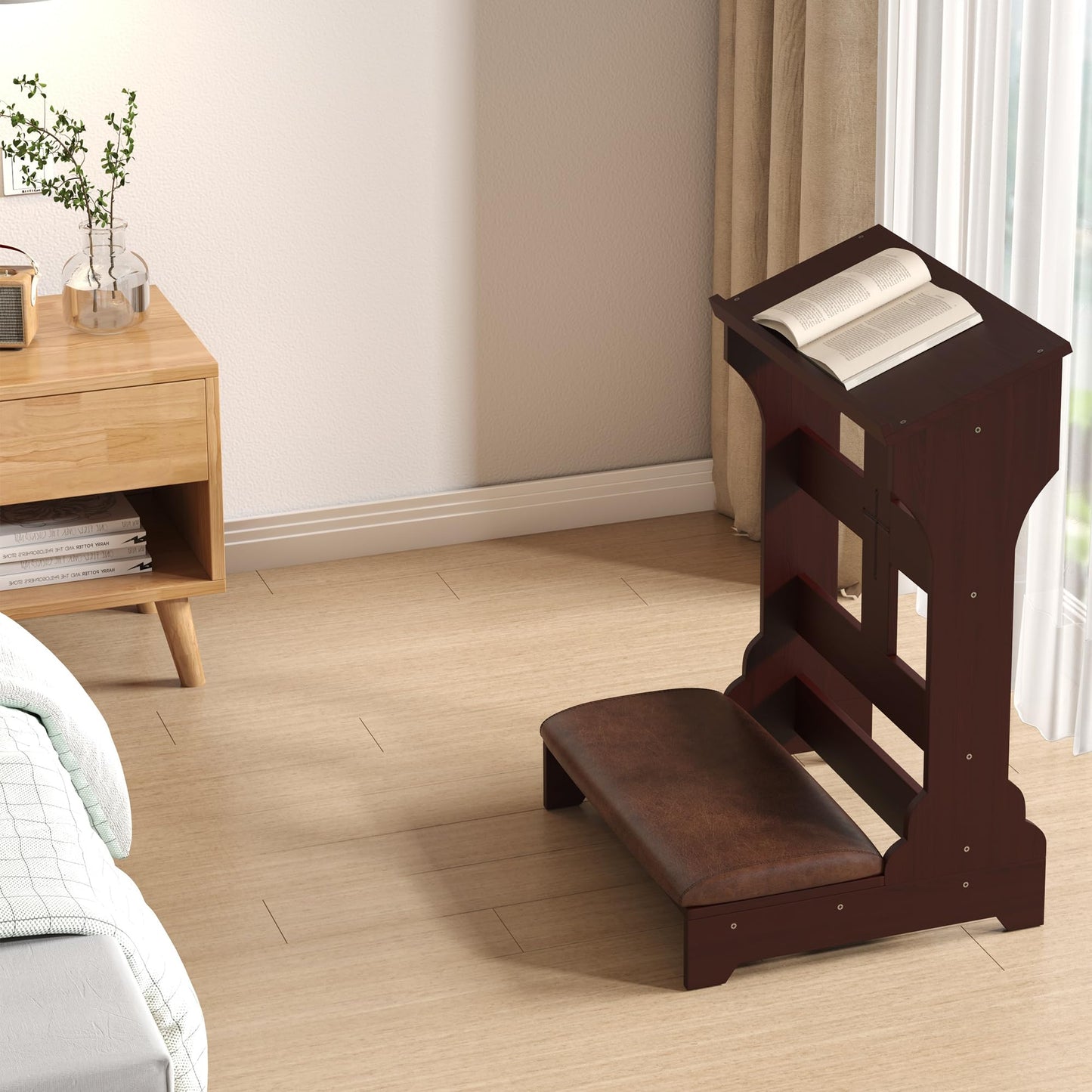 Gtouse Wooden Prayer Bench for Kneeler Prayer, Prayer Table at Home with Cushion Pad, Church Kneeling Stand Stool, Padded Prayer Chair Shelf for Kneeling at Home and Church