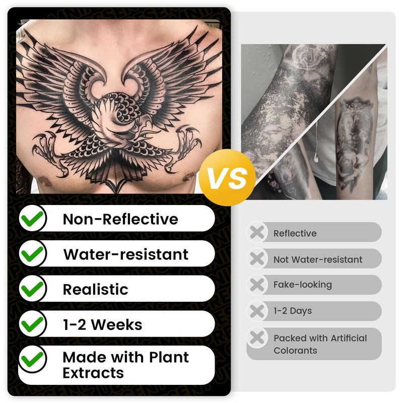 UBICA Semi Permanent Tattoos, 2 Sheets Realistic Temporary Tattoos for Men, Fake Tattoos for Hand Arm Wrist Ankle, Waterproof, No Reflective, Lasts 2 Weeks (Wolf Head Crown & Cross Angel Wings)