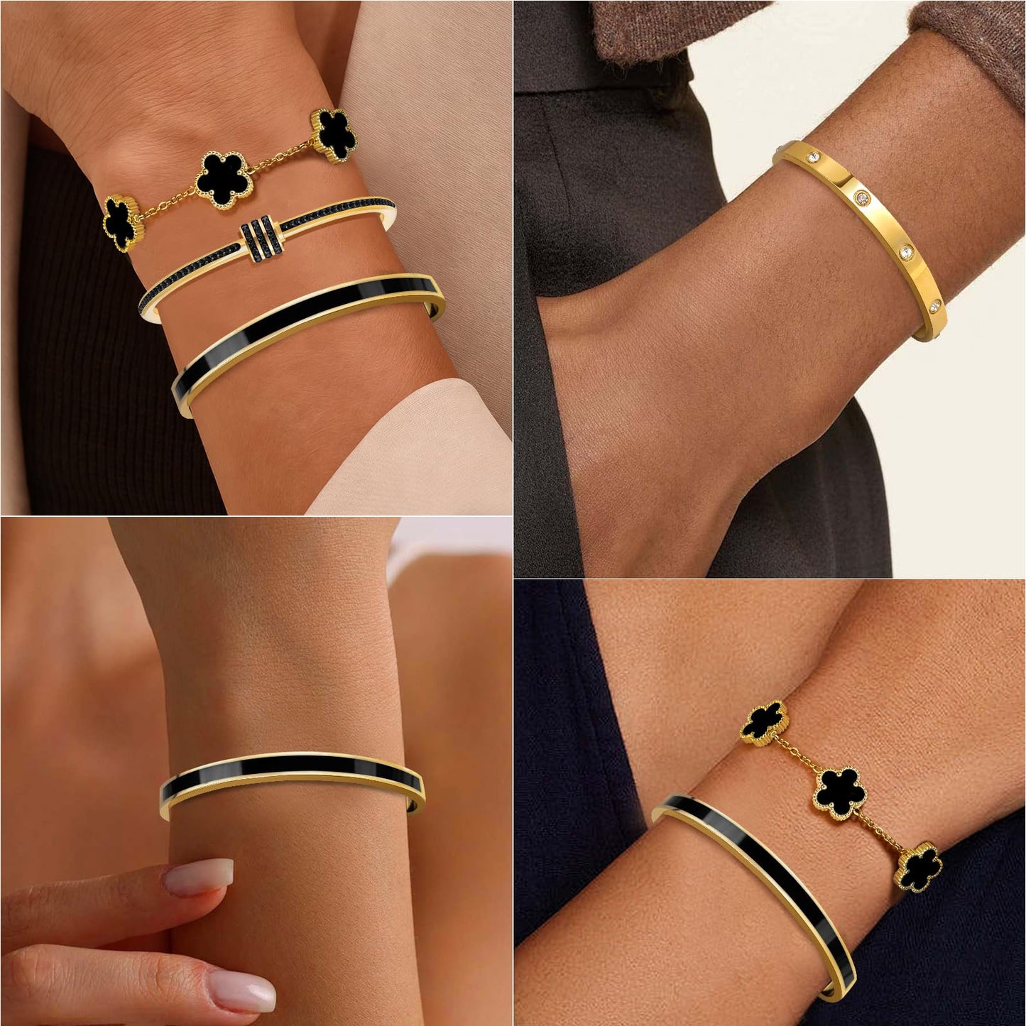 MOINSPIRE 18K Gold Plated Bracelets for Women, Stainless Steel Four Leaf Clover Tennis Nail Love Bangle Bracelets Set, Trendy Stackable Twist Cuff Bracelet Non Tarnish Jewelry Gifts for Christmas