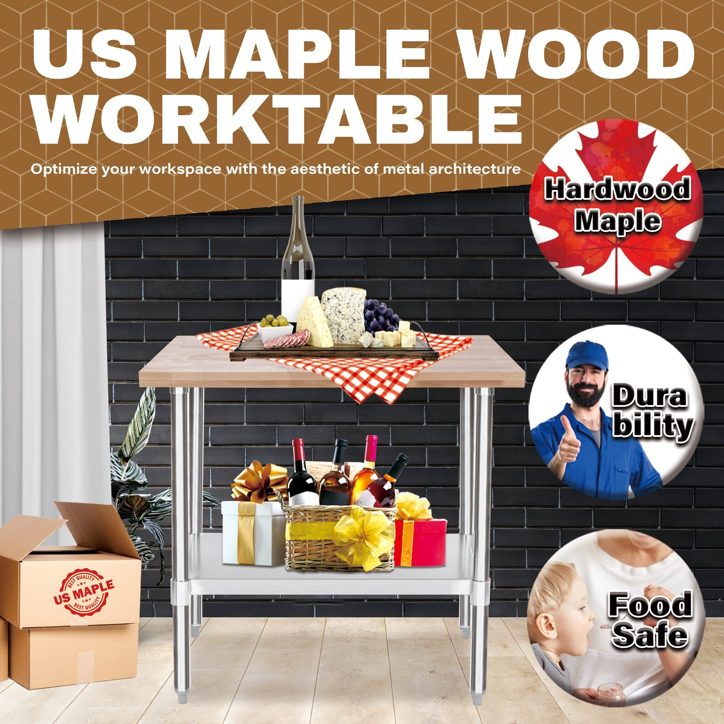 US Maple Top Work Table - 24 x 36 x 35 Inch Commercial Butcher Block Wooden Workbench with Adjustable Lower Shelf - Fits Restaurant, Warehouse, Home, Kitchen, Garage by DuraSteel
