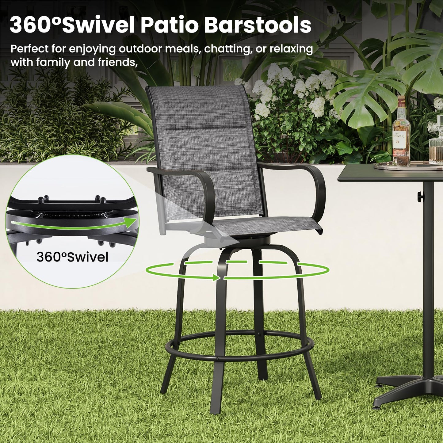 Soohow Swivel Patio Bar Stools Set of 2, Outdoor Barstools with Paded Textilene Fabric, All Weather Bar Height Outdoor Chairs, Tall Swivel Patio Chair for Balcony, Poolside, Yard