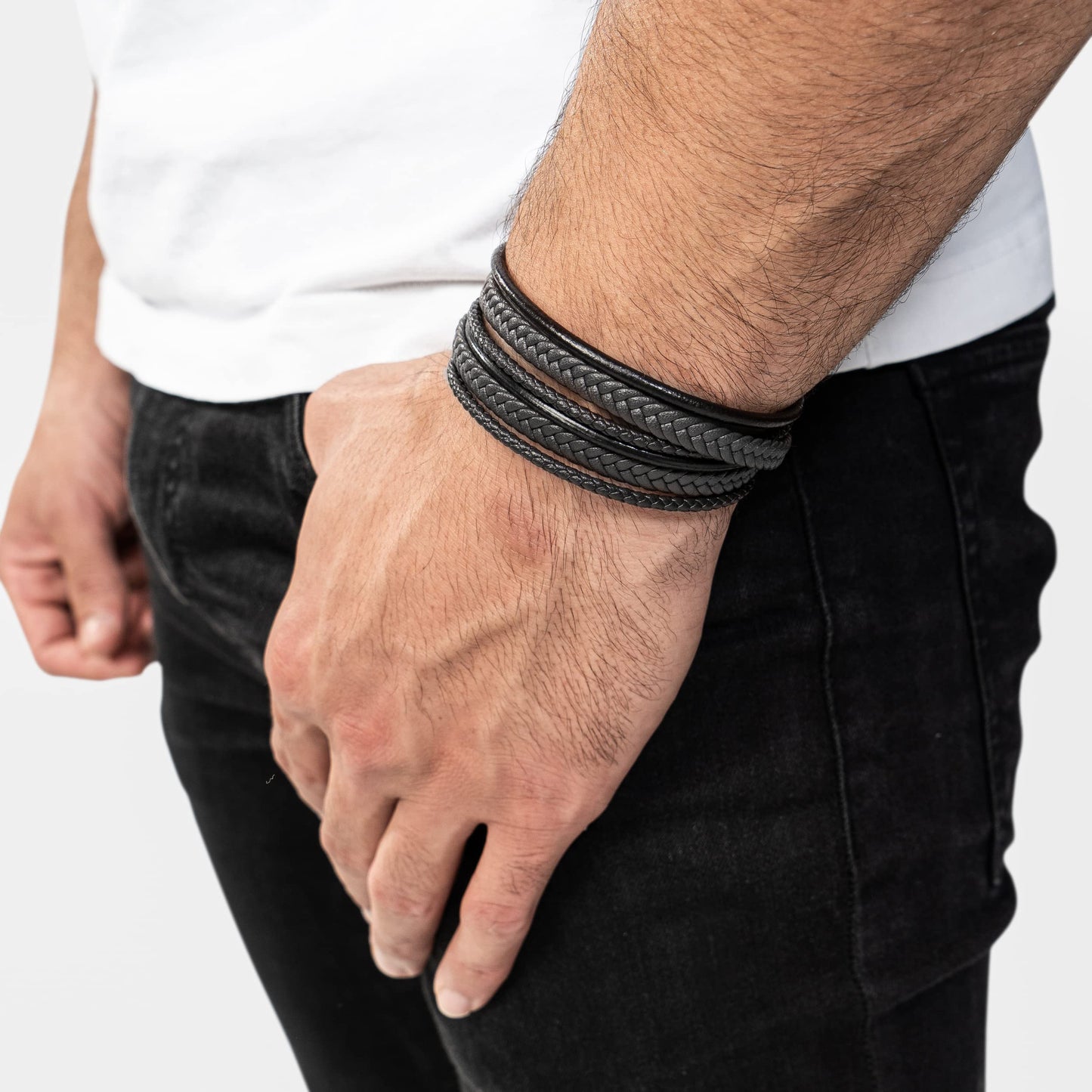SERASAR 46cm Pulseras para Hombres Black Leather Bracelets for Men Brown Cowhide Gift Box Braided Bracelet Stainless Steel Jewelry Wrist Band Chain Rope Bangle regalo