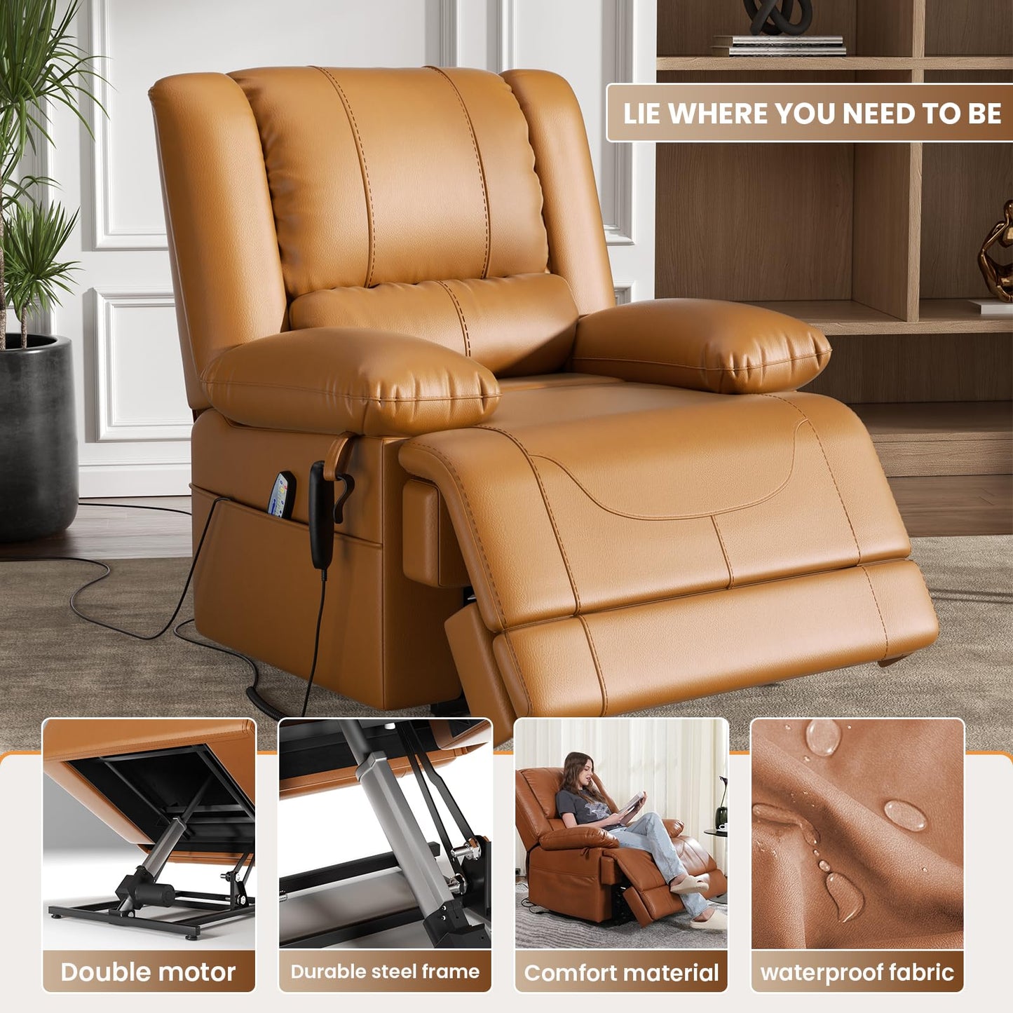 Couchus Large Dual Motor Power Lift Recliner Chair with Massage and Heat for Elderly People, Infinite Position,USB Ports and Remote Control,Breathable Leather (Yellow)