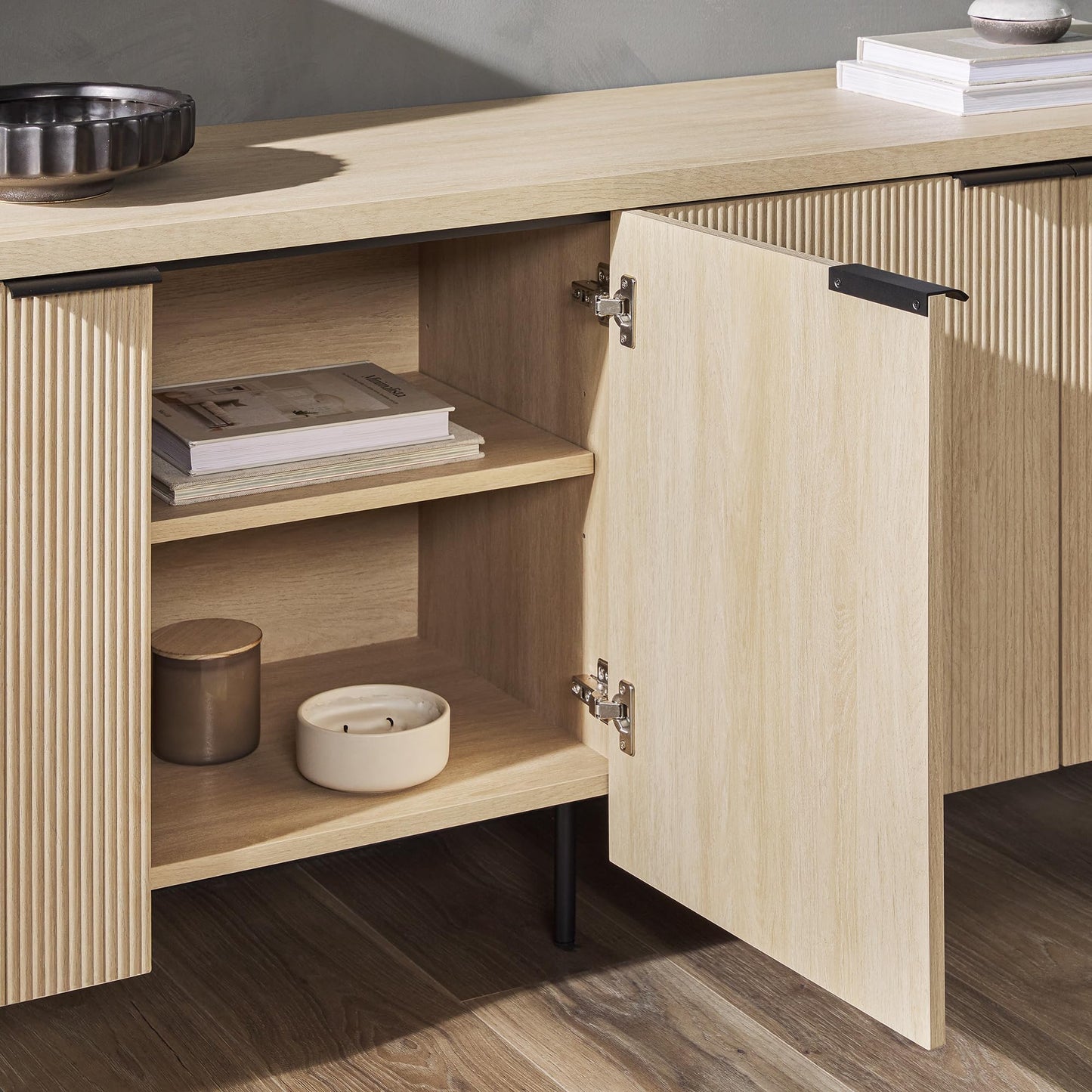 Walker Edison Reema Fluted 4-Door Kitchen Sideboard Buffet Console, 69 Inch, Coastal Oak