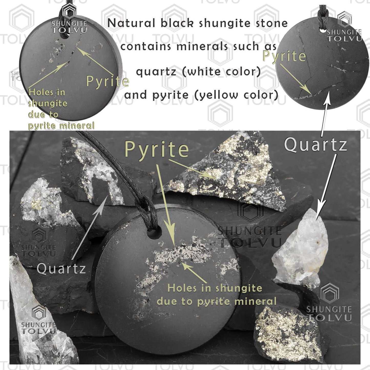 Shungite Pendant "Vitality" - Made of Authentic black Russian shungite stone - Handmade - TOLVU
