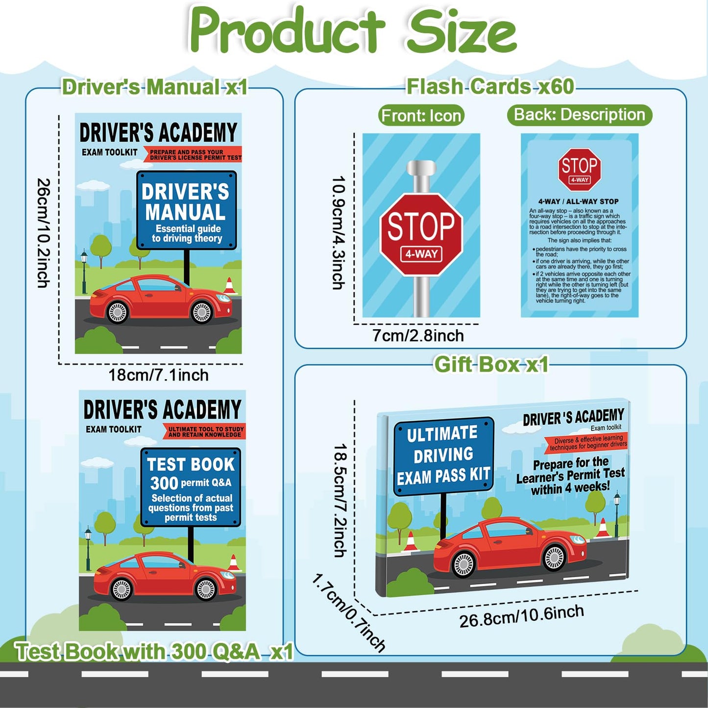 Driver's Academy Exam Toolkit Driving Exam Pass Kit Includes Driver's Manual, Test Book and 60 Double-Sided Road Signs Flashcards for Drivers License Test Prep Teens Boys Girls New Drivers Gift