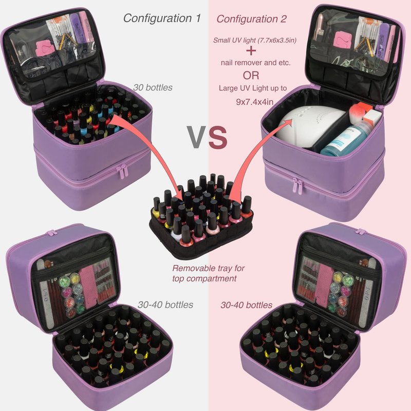 ButterFox Nail Polish Organizer Case Holder Holds 60 Bottles, Fits Nail Lamp, Duble-layer Storage for Nail Supplies and Accessories - Lavender Purple