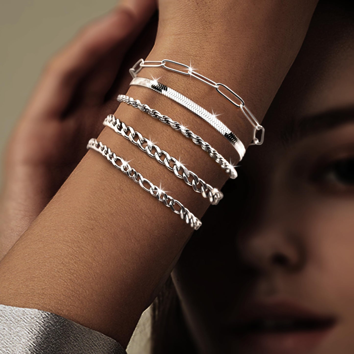 Poxtex Dainty Silver Bracelets for Women, Silver Bracelet Set Waterproof,Trendy Silver Bracelet Set StackableSimple Cuban Snake Rope Paperclip Chain Bracelet Jewelry Gifts for Women