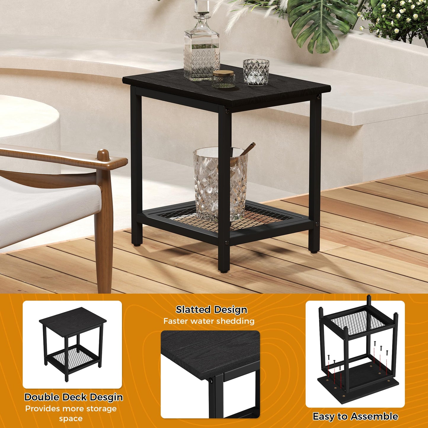 PyraLine 2-Tier Outdoor Side Table with Storage, Weather Resistant Patio End Table, HDPS Small Accent Table for Deck, Garden, Pool, Backyard, Black
