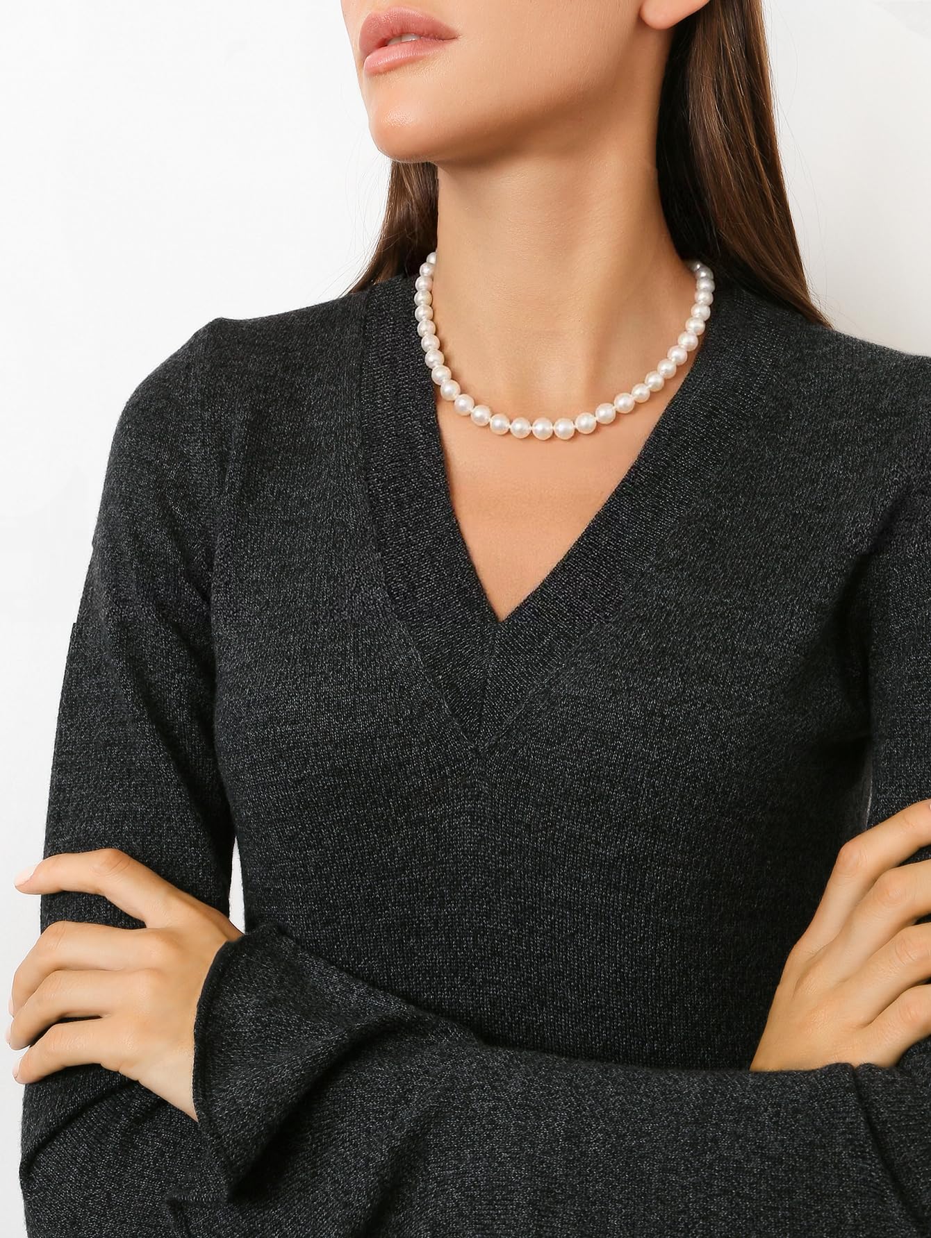 HUWODY Round White Simulated Shell Pearl Necklace Strand Pearl Choker Necklace Jewelry for Women 8mm 16inch