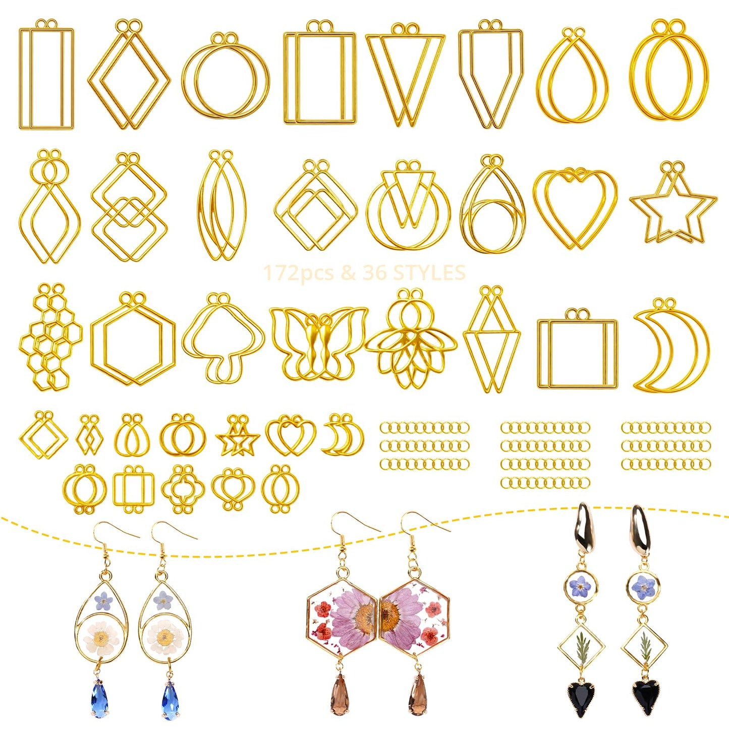 LET'S RESIN 172 pcs Open Bezels for Resin, 2 Size 36 Styles of Gold Hollow Frame Pendants Bezels with 100pcs Jump Rings, Unique Resin Bezels for Jewelry Making, Necklaces Earrings Making Supplies