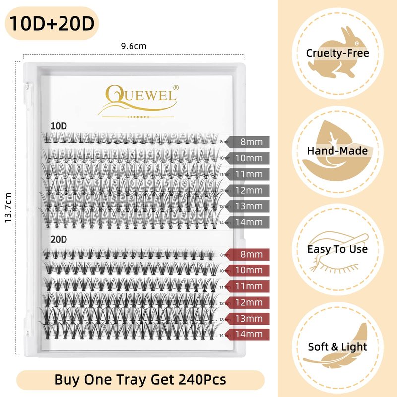QUEWEL DIY Lash Extension Kit 240 Pcs Lash-Clusters-Kit, Eyelash Clusters Applicator Tool, Super Hold Cluster Lashes Bond and Seal, Clusters Eyelash Glue Remover Easy to Use at Home(10D+20D)