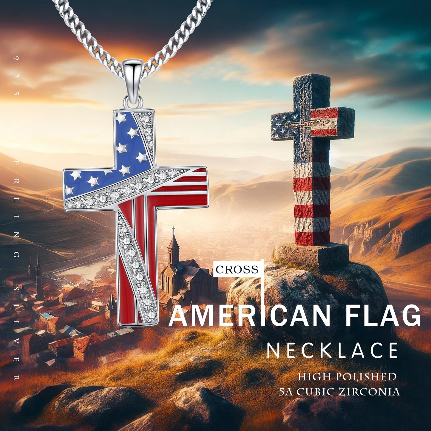 YEESIA American Flag Cross Necklace for Men Women 925 Sterling Silver Patriotic Pendant Necklace Christian Jewelry Gift for Men Women