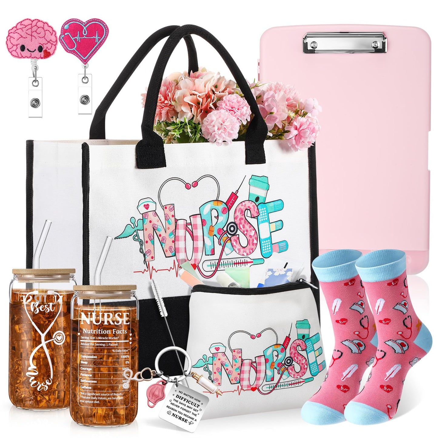 Zopeal Nurse Appreciation Gifts for Women Nursing Gifts Bulk Includes Badge Holder Reel, Tote Bag, Makeup Bag, Socks, Keychain, Cup, and Clipboards(Pink)
