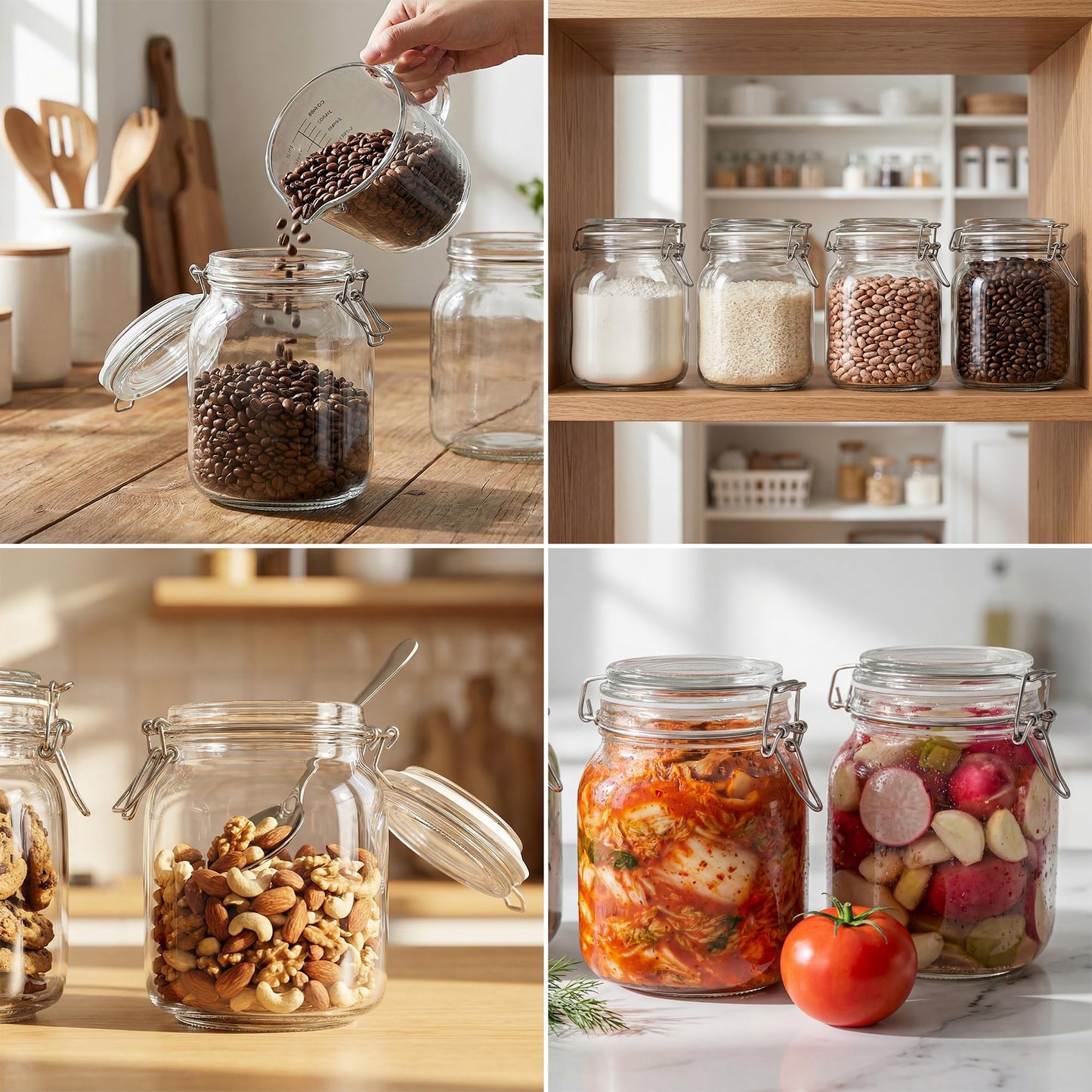 Kingrol 34 oz / 1000 ml Glass Storage Jars (Set of 4), Airtight Clamp Lid Canisters with Wide Mouth for Pantry Organization, Pickling, Fermentation & Dry Food Storage