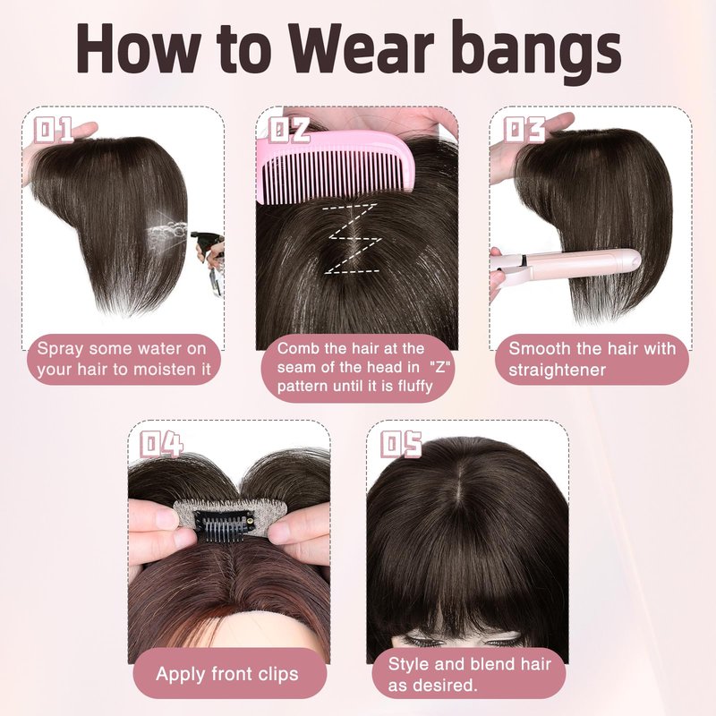 Wirctp Hair Toppers Bangs Hair Clip Real Human Hair 360°3D Cover Clip in Bangs for Woman with Thinning New upgraded realistic scalp Hairpieces for Daily Wear(Dark Brown)