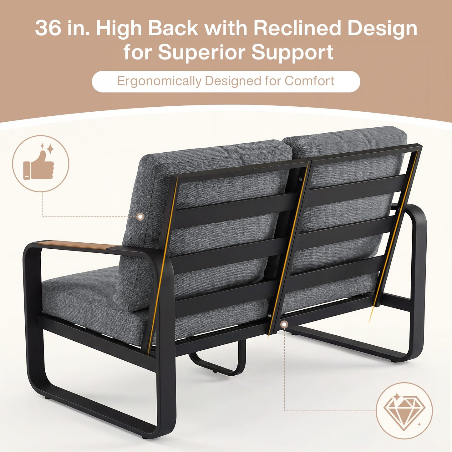 Tribesigns Outdoor Loveseat with Tall Back & Oversized Seat, Modern Metal Frame Patio 2-Seater Sofa with 6'' Thick Cushions, All-Weather Conversation Sofa for Backyard, Porch, Balcony, Poolside, Gray
