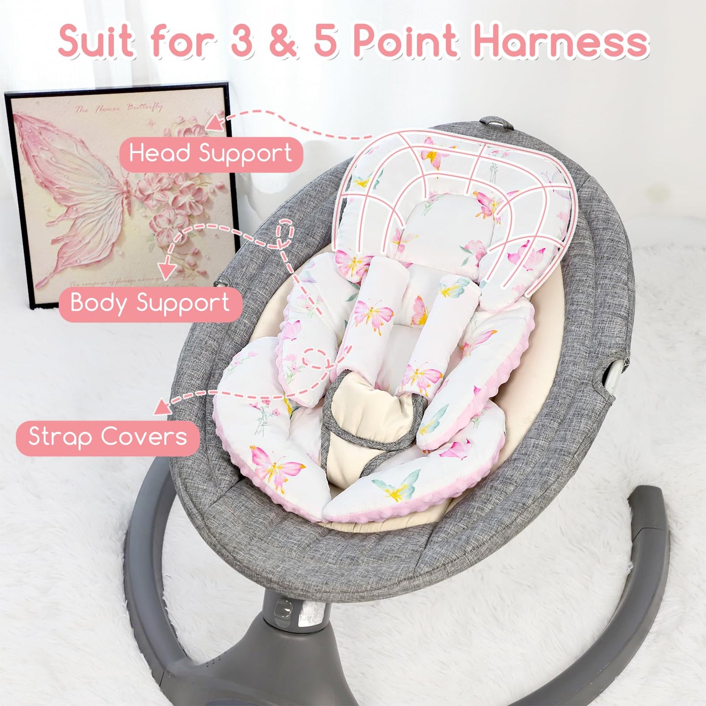 Infant Car Seat Insert for Newborn Girls Boys, Reversible Baby Carseat Head Support with Strap Pads, Soft Baby Car Seat Insert Cushion Pad for Stroller, Bouncer, Swing, High Chair, Pink Butterfly