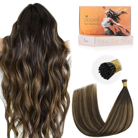 DOORES I Tip Hair Extensions Real Human Hair, Balayage Dark Brown to Chestnut Brown 18 Inch 50g/50s,I Tips Invisible I Tips Extensions Cold Fusion