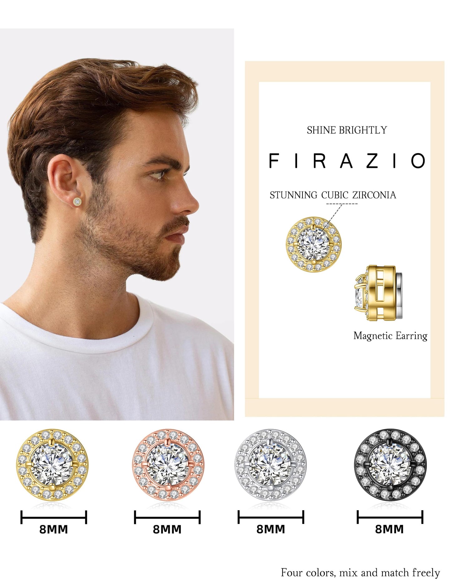 4 Pairs Magnetic Earrings for Men - Stainless Steel Clip on Earring Set Fake Earring Non-piercing CZ Hypoallergenic Magnet Earring for Women Men
