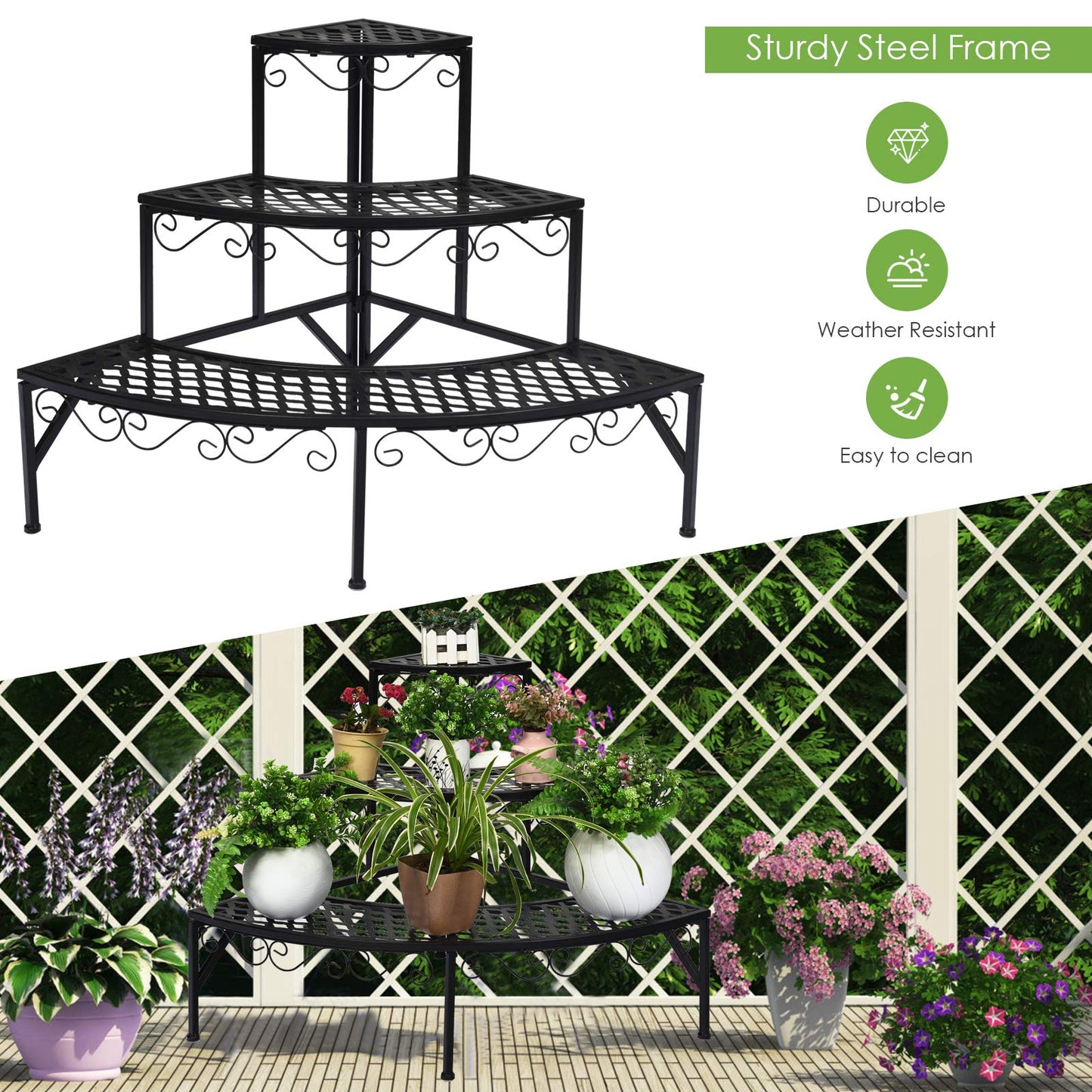 Giantex 3 Tier Metal Corner Plant Stand, Quarter Round Plant Corner Shelf w/ Non-Slip Pads, Corner Plant Stand Corner Shelf Flower Pot Ladder Plant Display Rack Indoor Outdoor (Quarter Round)
