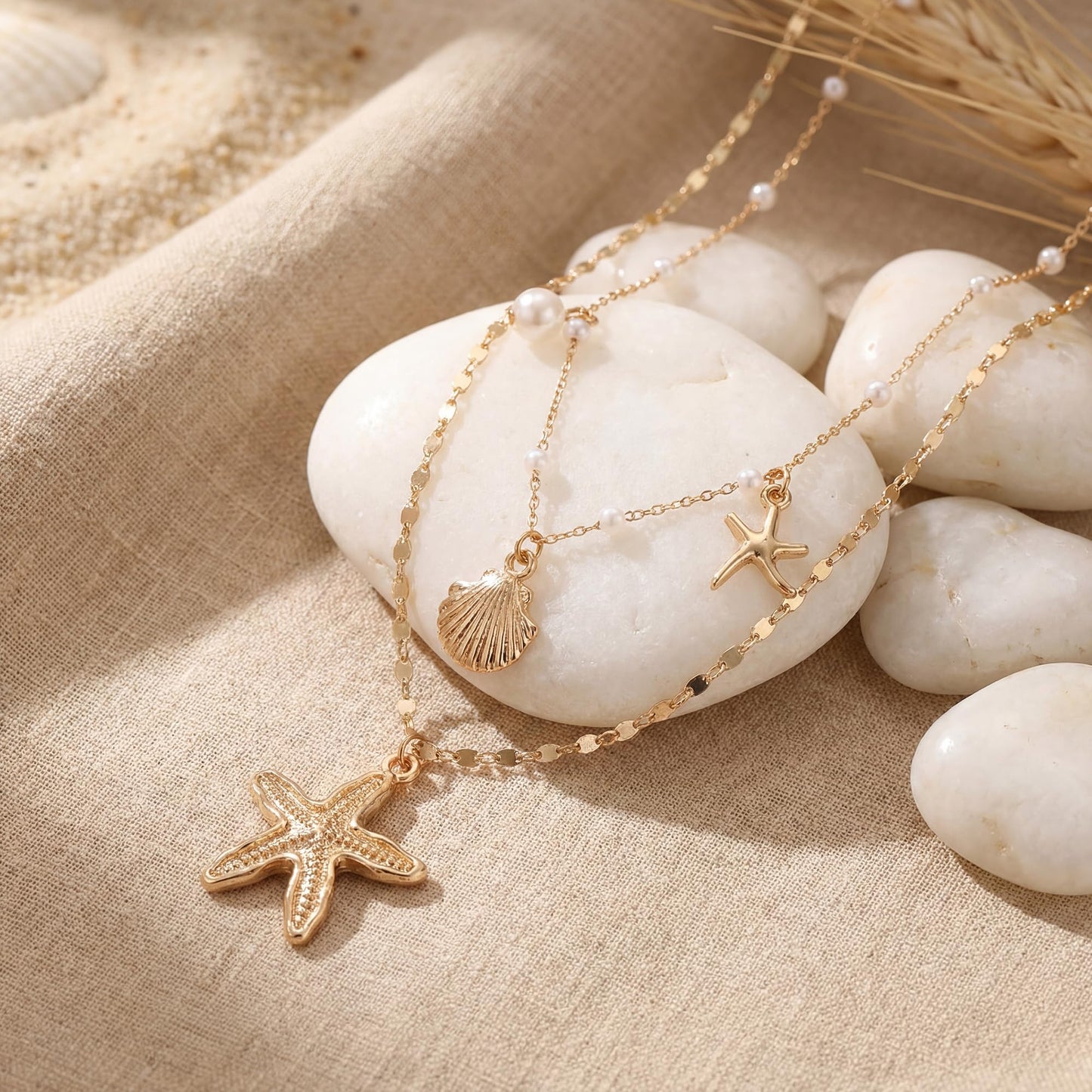Shell Starfish Necklace for Women, Gold Plated Boho Layered Pendant Necklace with Pearl Conch Charm, Dainty Coastal Summer Beach Vacation Jewelry Gifts(Shell&Starfish)
