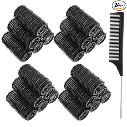 24 Pcs Self-Grip Small Hair Rollers Set, No Heat Curlers for Women Short Hair and Bangs - Overnight Use at Home Travel for Creating Waves and Curls (25mm, Black)
