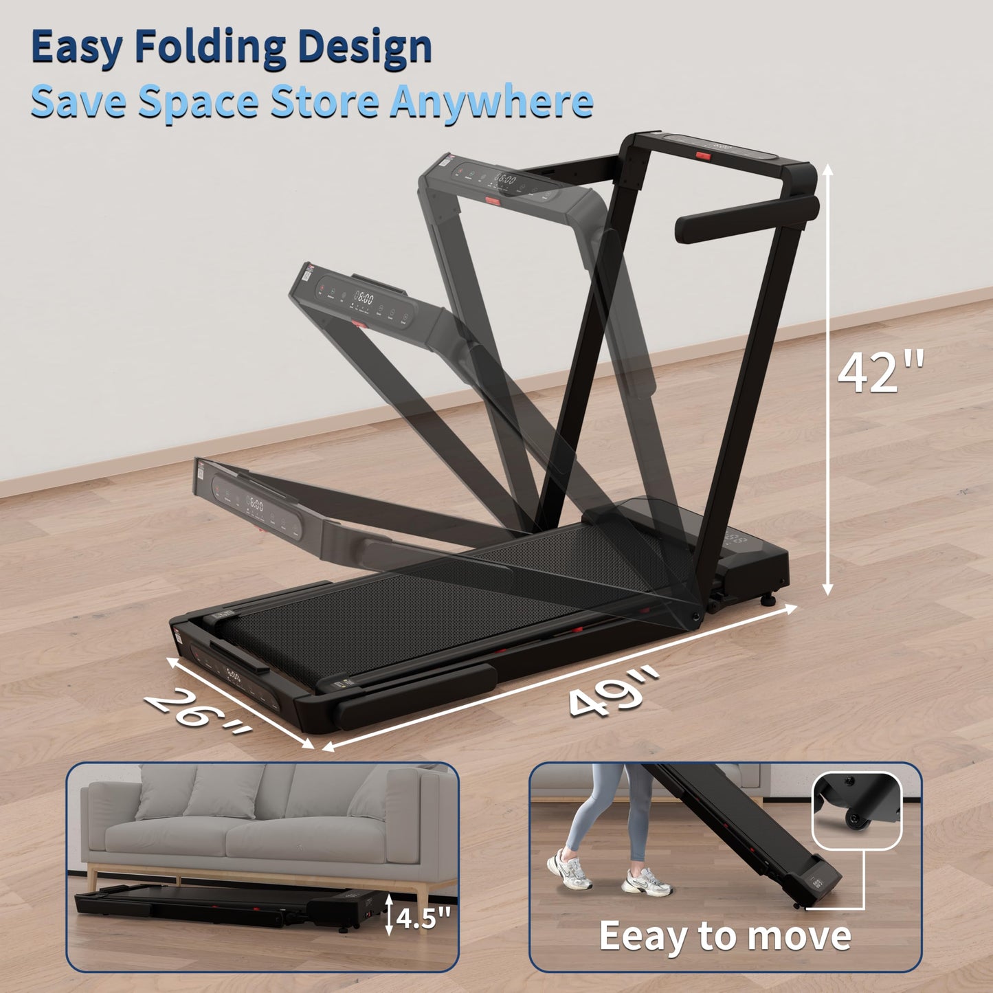 Foldable 4 in 1 Treadmill Walking Pad with Incline Remote Control Compact 3.0HP Under Desk Treadmill for Home Office Fitness 300 lbs Capacity with Handle Bar