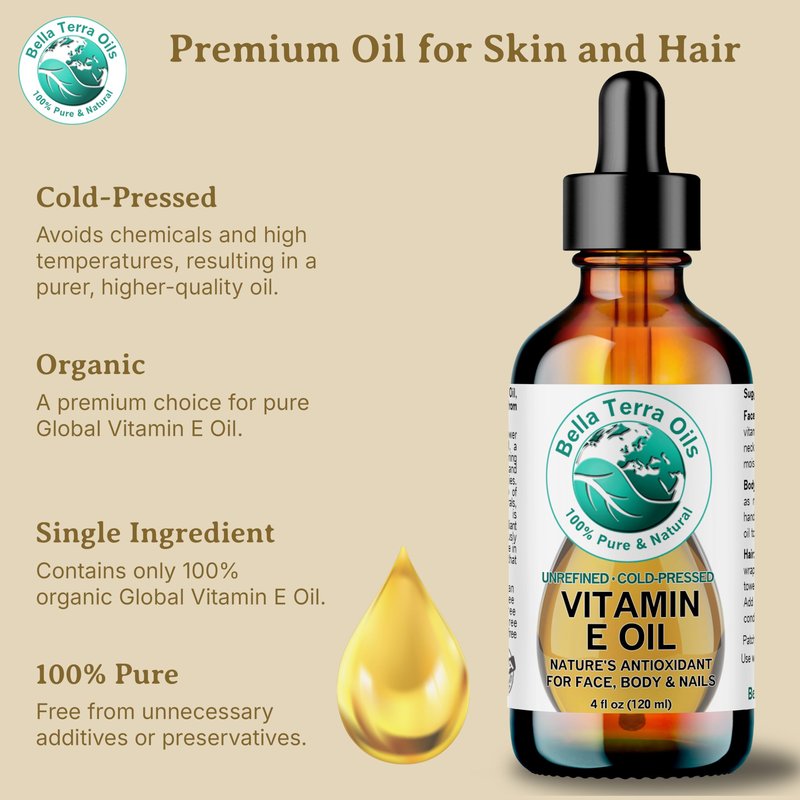 Bella Terra Oils Natural Vitamin E Oil 4oz – Wheat Germ Derived Vitamin E Oil for Soft, Healthy-Looking Skin
