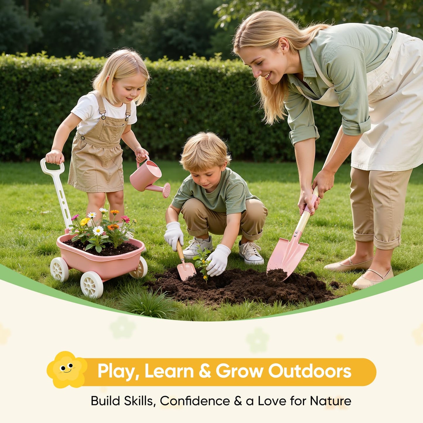 Grenebo Kids Gardening Set with Wheelbarrow, 11-Piece Outdoor Yard, Beach, STEM Garden Play Kit with Child-Sized Tools, Durable, Safe & Fun Gift Toy for Ages 2+ Kids Toddlers Boys Girls (Pink)