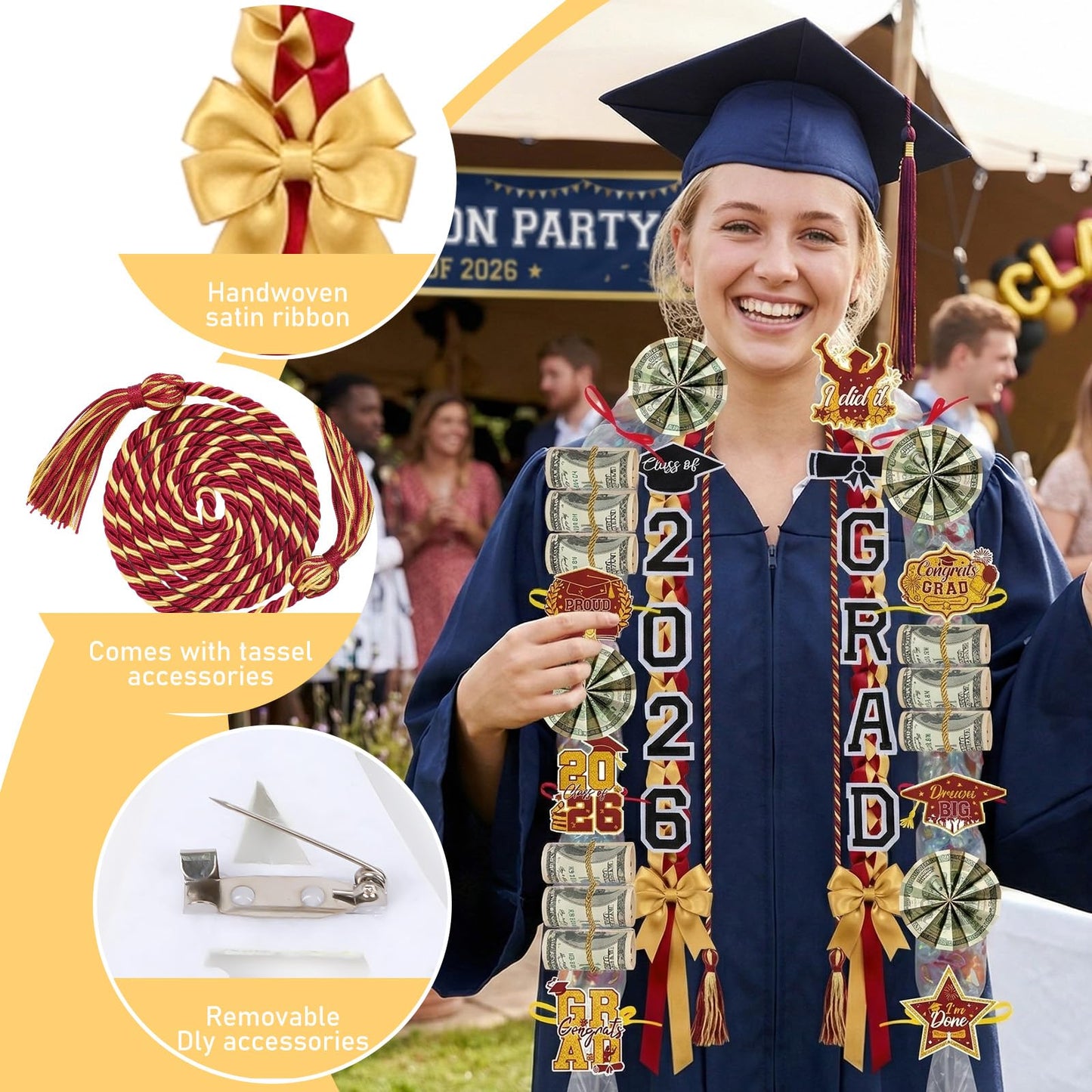 Hamdwerk Candy Leis for Graduation 2026, 36Pcs Graduation Leis Class of 2026, Graduate Ribbon Lei Making Kits with Honor Cord Patches Cards, Red Gold Double Lei Necklace Decorations Graduation Gift