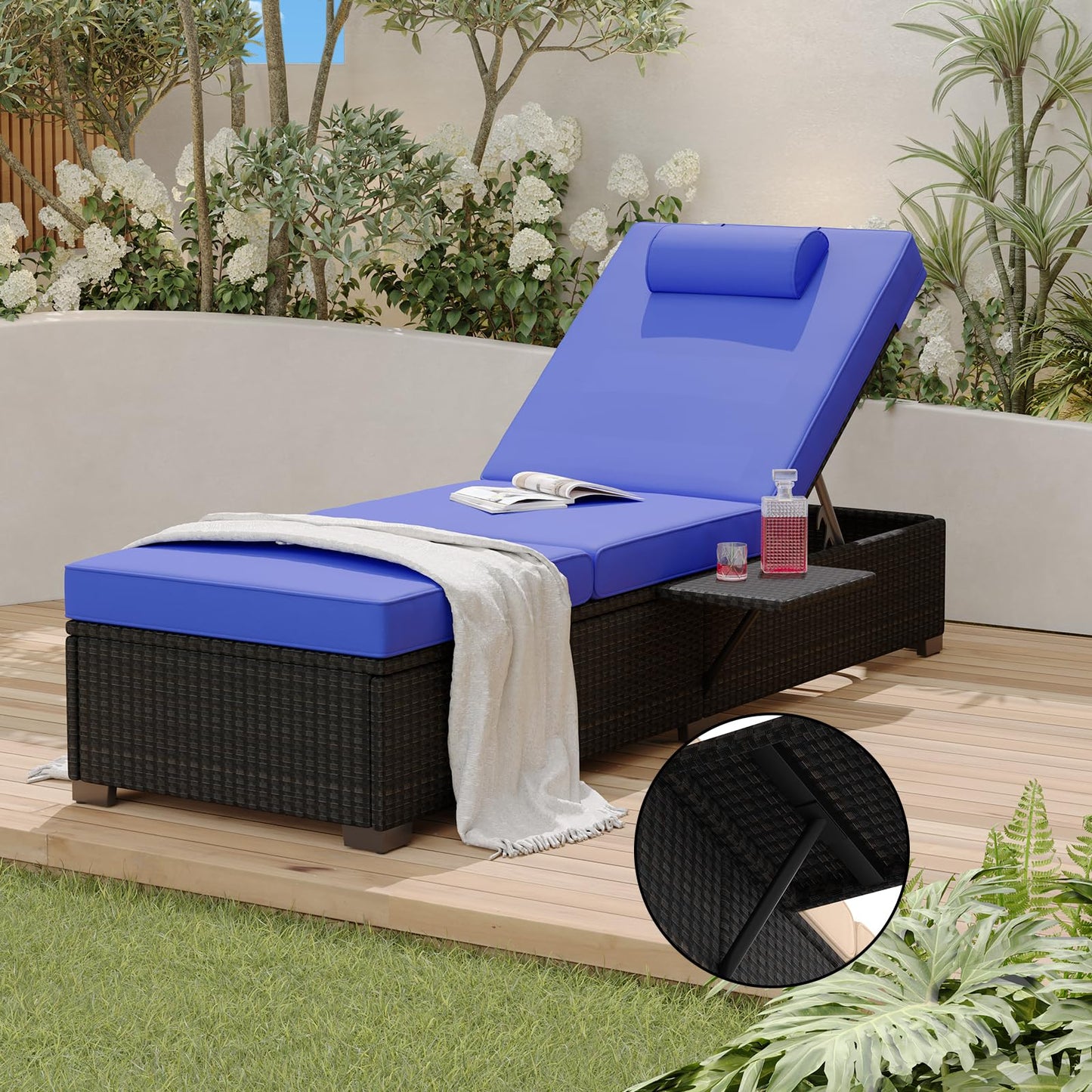 Garvee Outdoor Chaise Lounge Set of 2, 5-Position Adjustable Reclining PE Wicker Lounge Chairs with Cushions for Poolside, Garden, Patio, Backyard, Blue