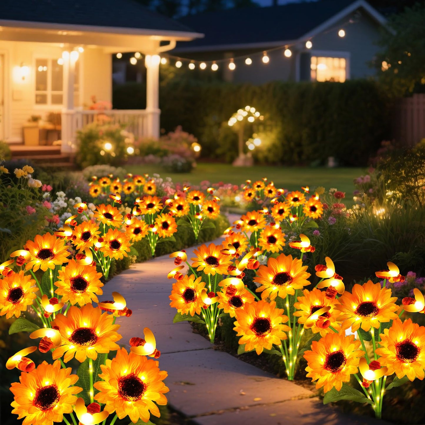 ANGMLN Solar Garden Lights 4 Pack Solar Swaying Bee Lights with Sunflowers, Gifts for Mom Women Mothers Day, Waterproof Firefly Flower Light for Outdoor Decor,Decoration for Patio Yard Landscape