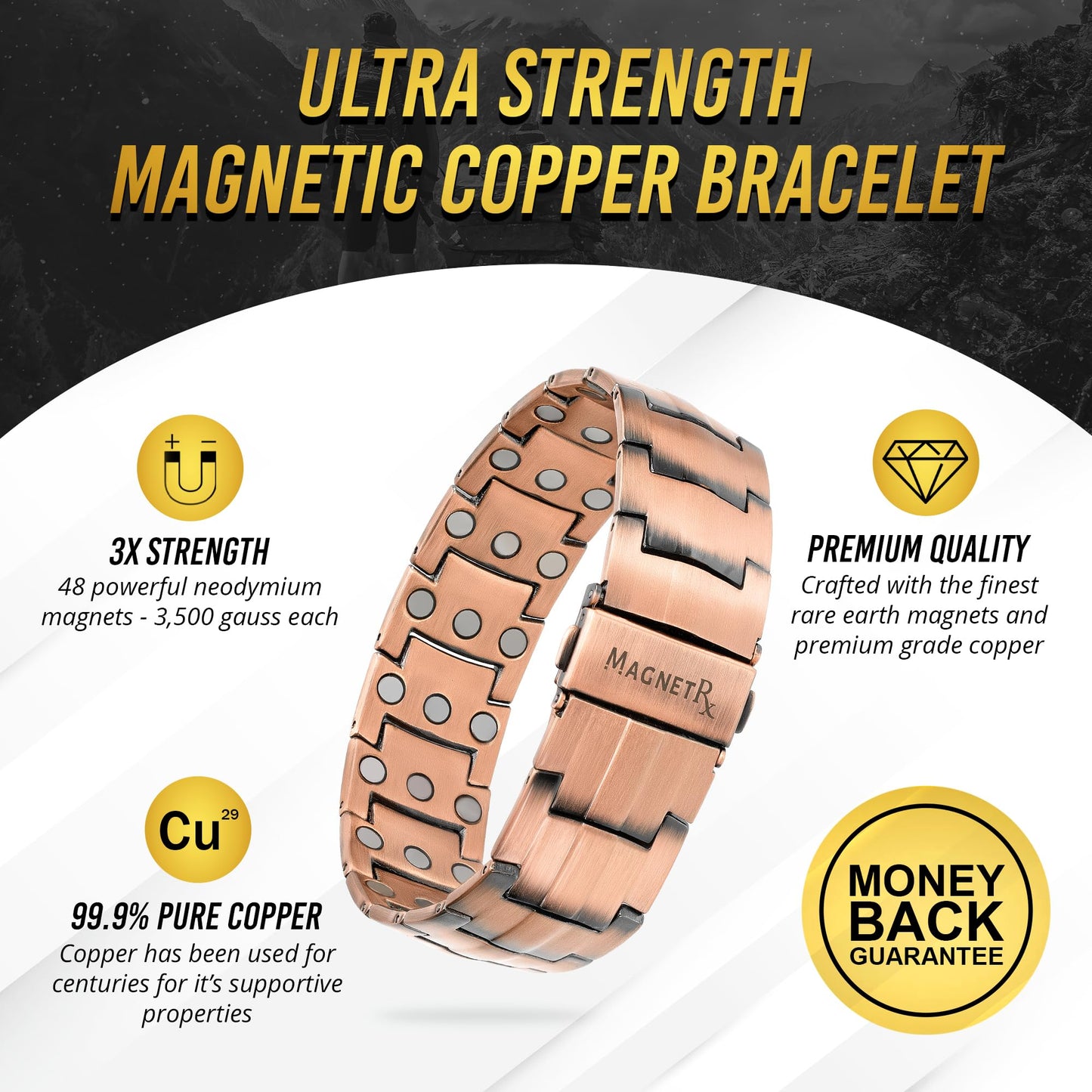 MagnetRX 3X Strength Magnetic Bracelets for Men – Titanium & Pure Copper Magnetic Bracelets for Men – Premium Fold–Over Clasp & Adjustable Length with Sizing Tool