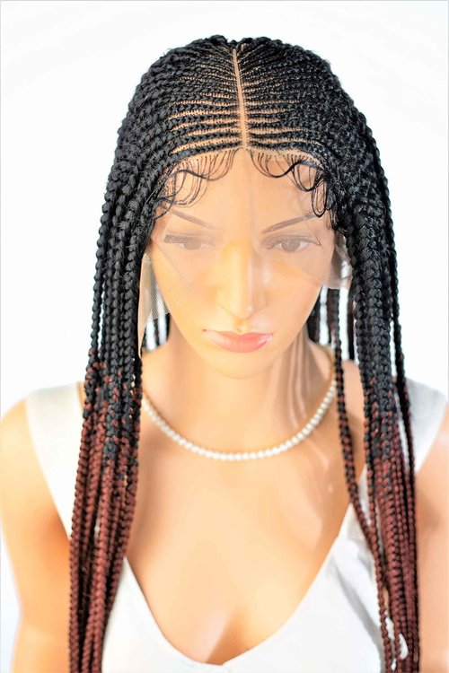 Wow Braids Cornrow Center Part Braids Synthetic Lace Front Wig - Ombre Color 1/35-26 Inches. Light Synthetic Hand Braided Wigs for Black Women.