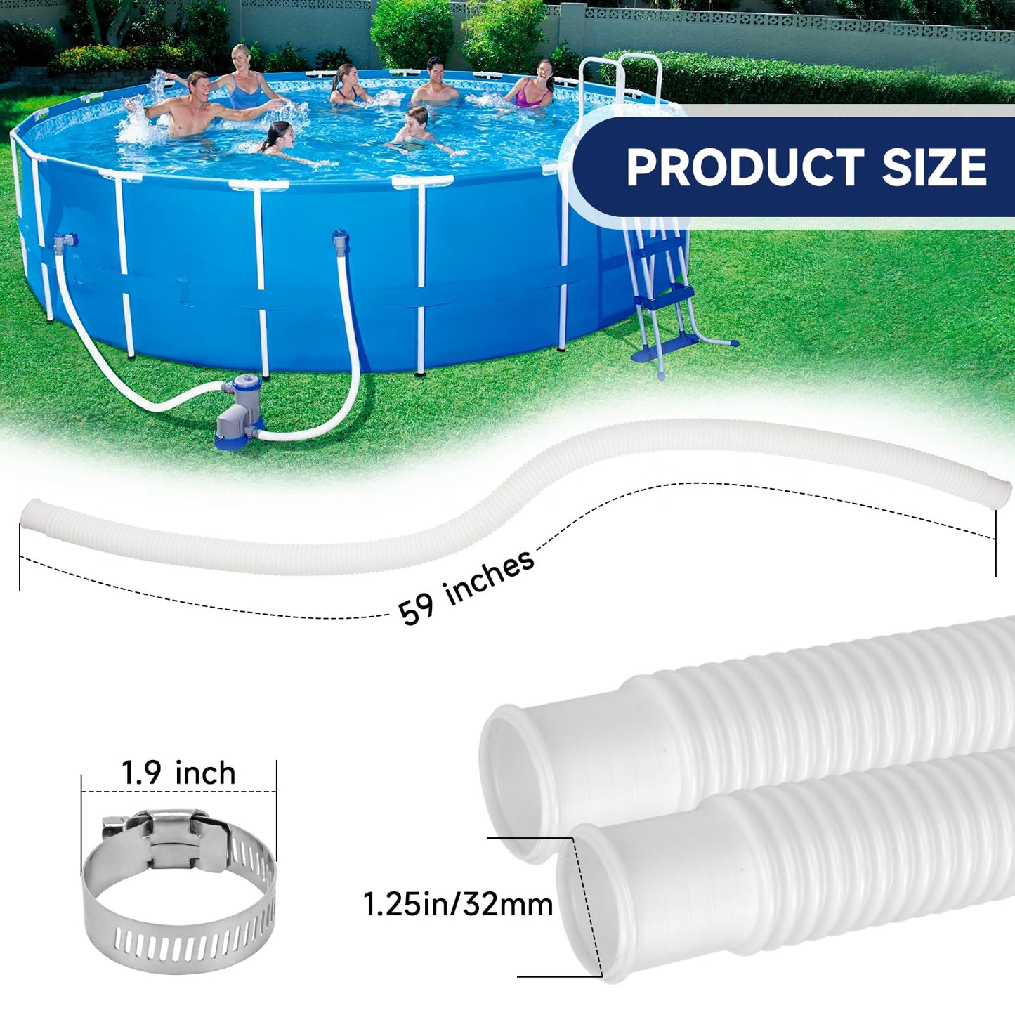 Pool Hoses for Above Ground Pools, 4 Pack 1.25 x 59 Inch Pool Filter Pump Hoses, Compatible with Intex Pool Filter Pump 607, 637 With 8 Metal Clamps(4)
