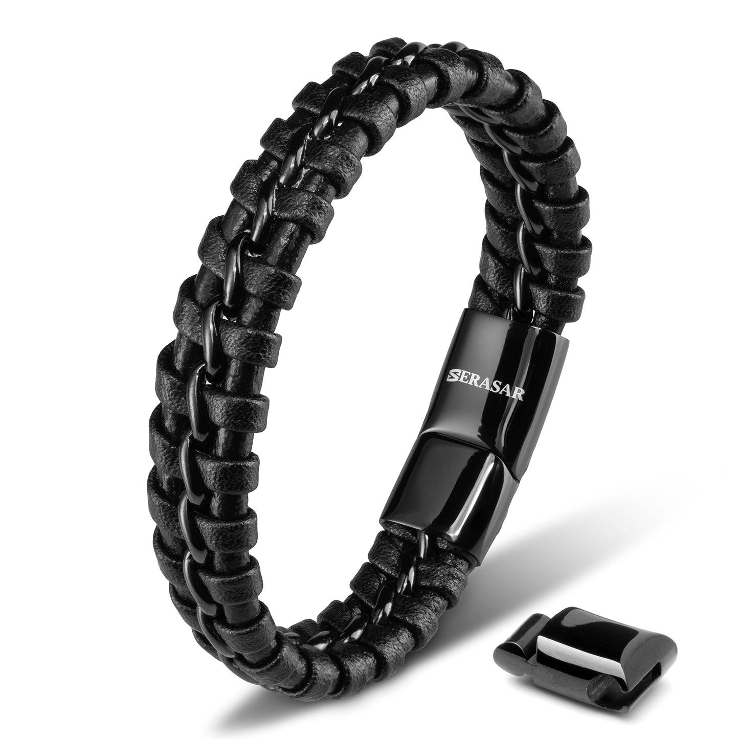 SERASAR Mens Bracelets 23cm Black Bracelet Men Gift Box Genuine Leather Cowhide Braided Magnetic Clasp Multi Layer Wrap Rope Man Mans Male Band Jewelry Magnet Accessories