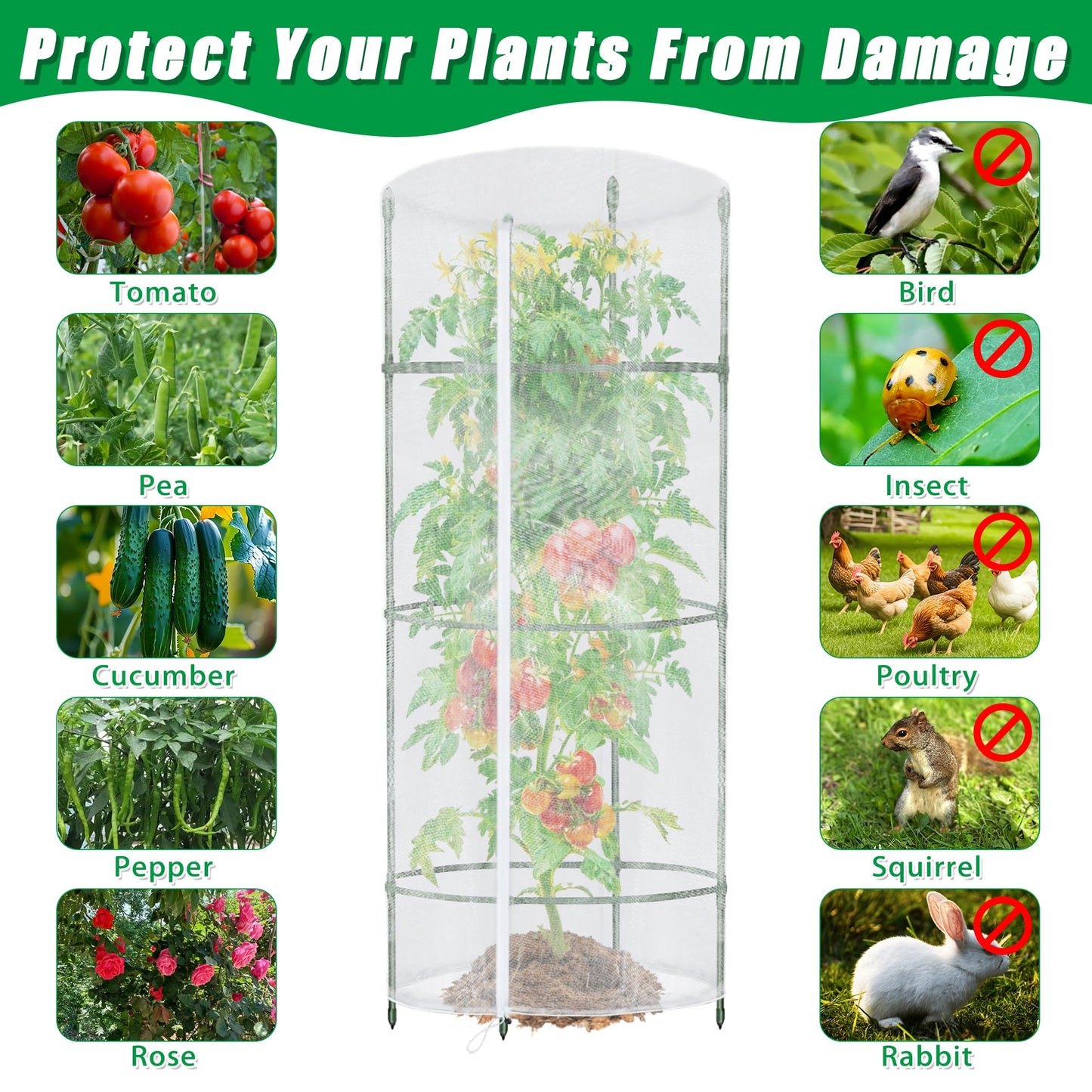 3 Pack Garden Netting for Round Plant Cage, 55" x 15" Tomato Cage Bird Netting Mesh Plant Cover with Zipper, Tomato Trellis Pest Barrier Garden Protection Net Cover for Climbing Plants Vegetables
