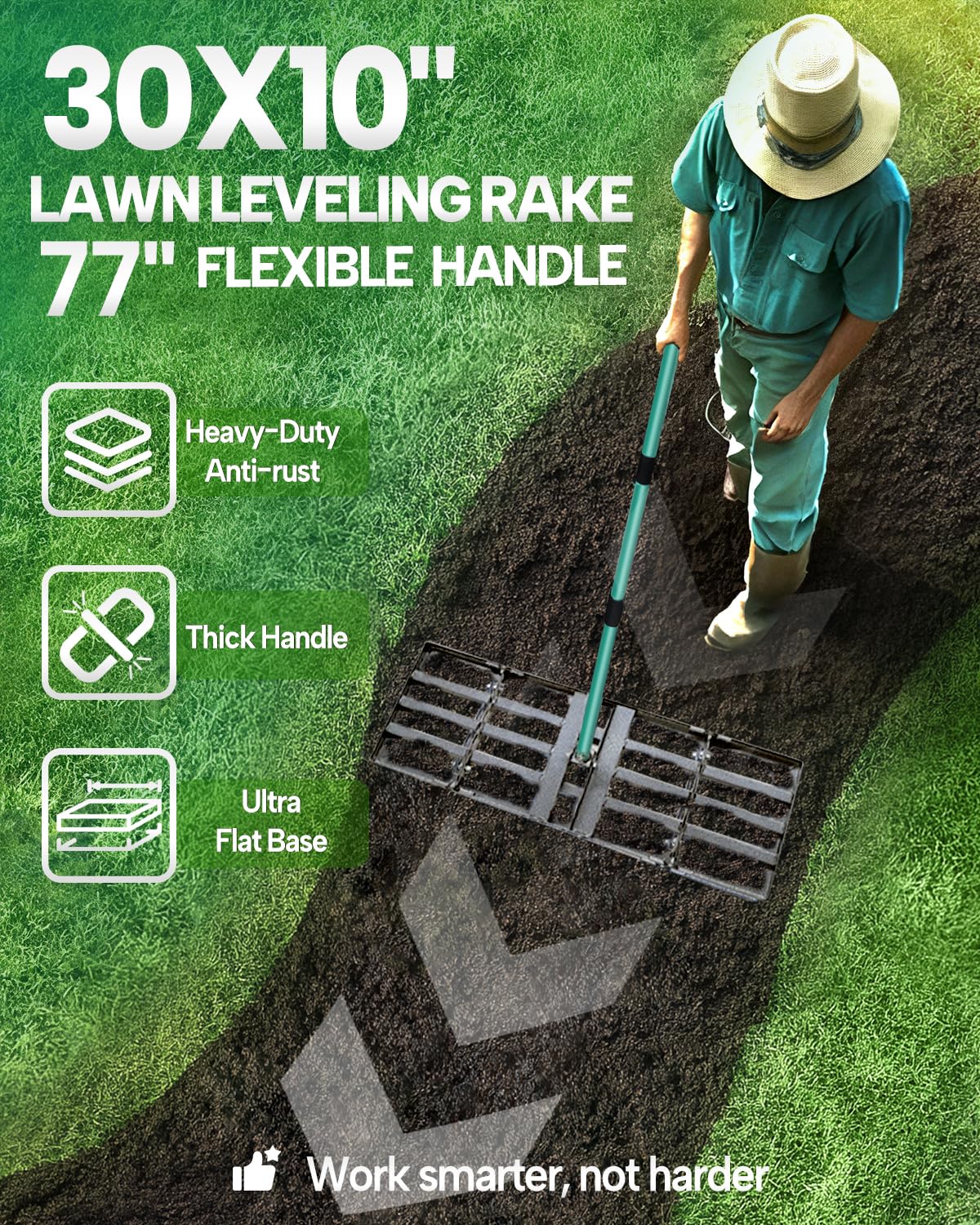 Breeze Touch Lawn Leveling Rake, 30 Inch Yard Lawn Leveling for Soil with 78" Adjustable Steel Handle, Heavy Duty Effort Saving Landscape Lawn Leveler for Yard Garden Soil Sand Dirt Grass