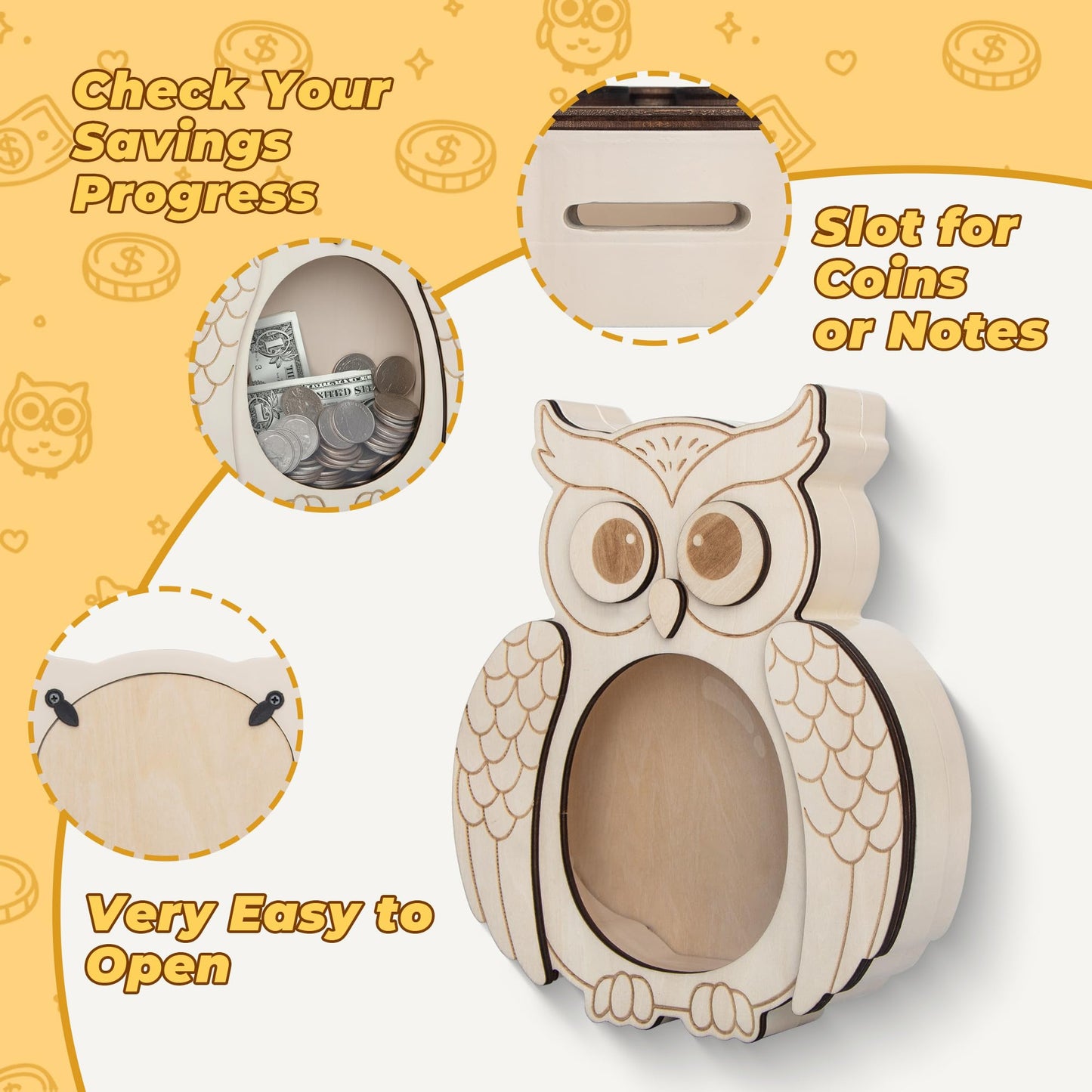 Owl Piggy Bank for Kids, Paint Your Own DIY Owl Bank with Clear Window, Wooden Savings Box for Coins and Bills, Room Decor Gift