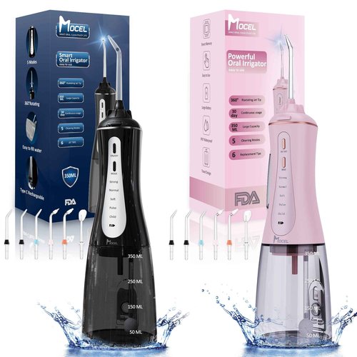 MOCEL Water Dental Flosser Oral Irrigator with 5 Modes, 350ml Cordless Water Teeth Cleaner Pick 6 Tips, IPX7 Waterproof Portable Powerful Battery for Travel & Home Braces & Bridges Care