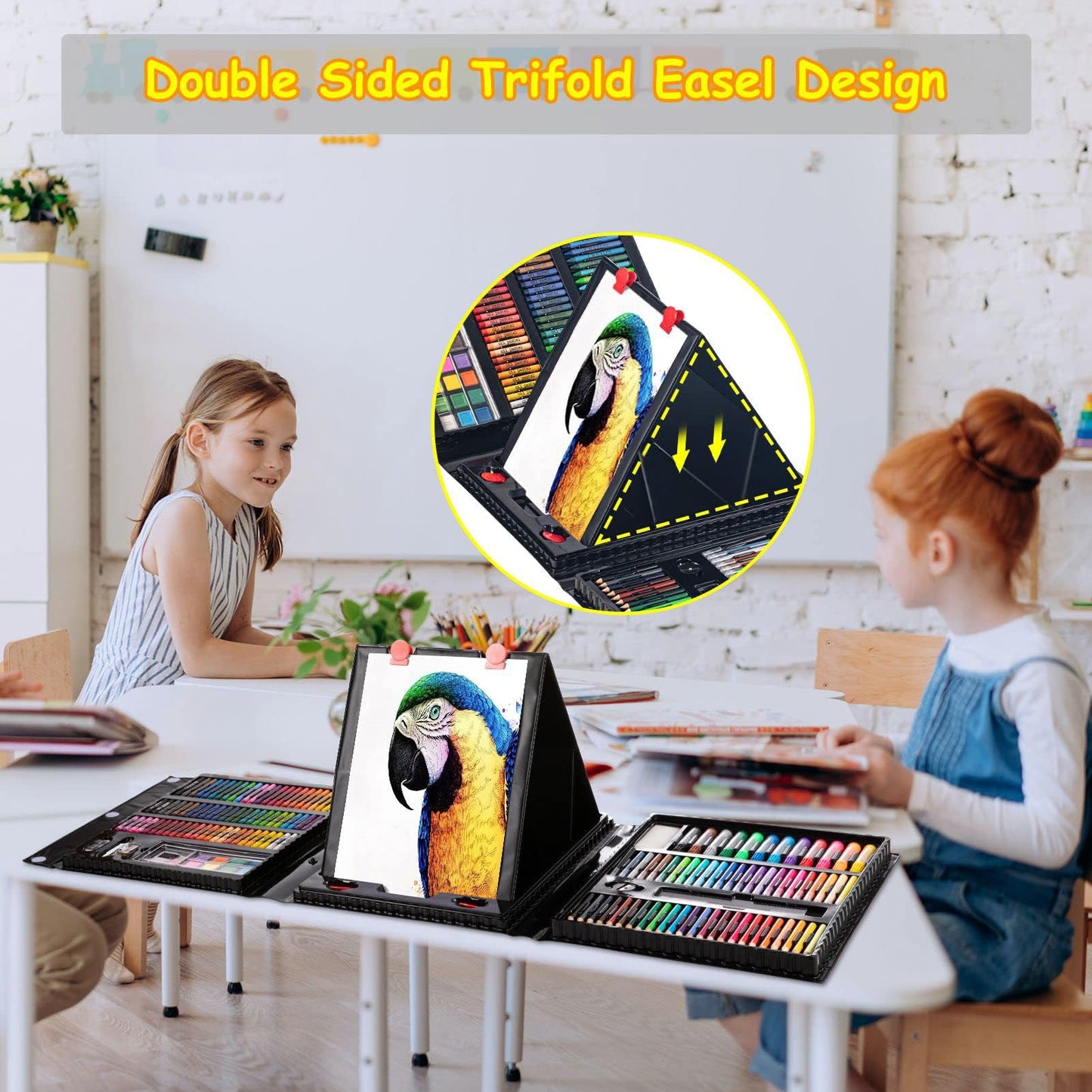 Art Supplies, 272 Pack Art Set Drawing Kit for Girls Boys Teens Artist, Deluxe Gift Art Box with Trifold Easel, Origami Paper, Coloring Book, Drawing Pad, Pastels, Crayons, Pencils, Watercolors(Black)