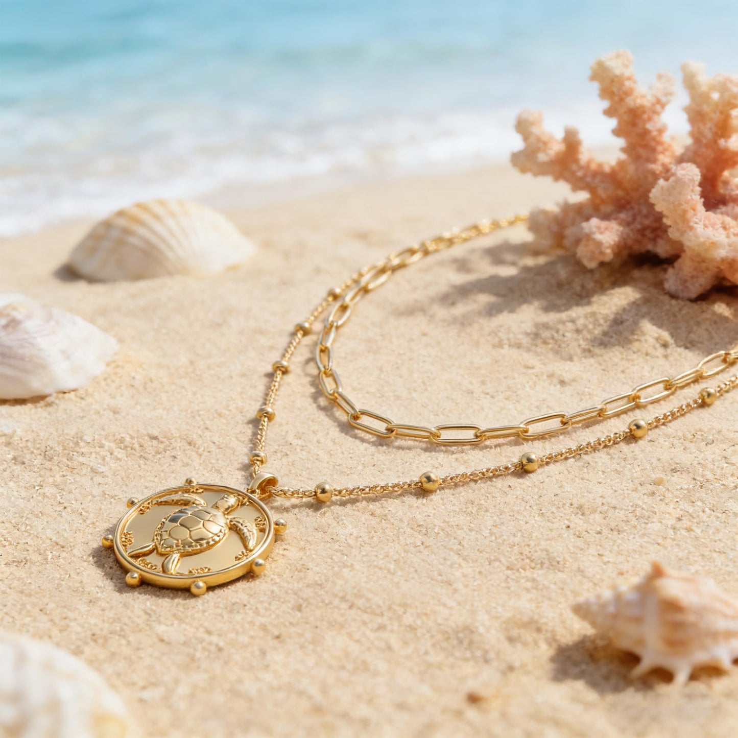MEVECCO Gold Layered Choker Necklace for Women, 18K Gold Plated Cute Dainty Round Coin Turtle Pendant Satellite Chain Minimalist Choker Necklace for Jewelry
