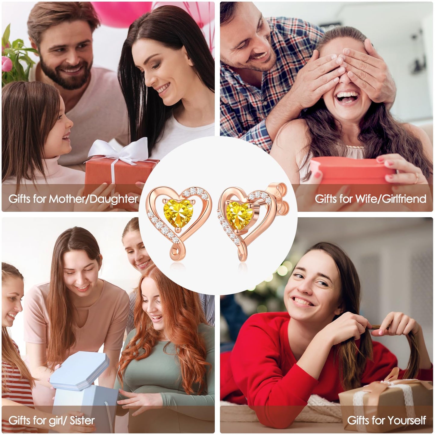 Zifeel Earrings for Women, Rose Gold Birthstone Heart Studs Earring for Girlfriend Wife, Anniversary Birthday Christmas Valentines Mothers Day Gifts Jewelry for Women Wife Her Mom