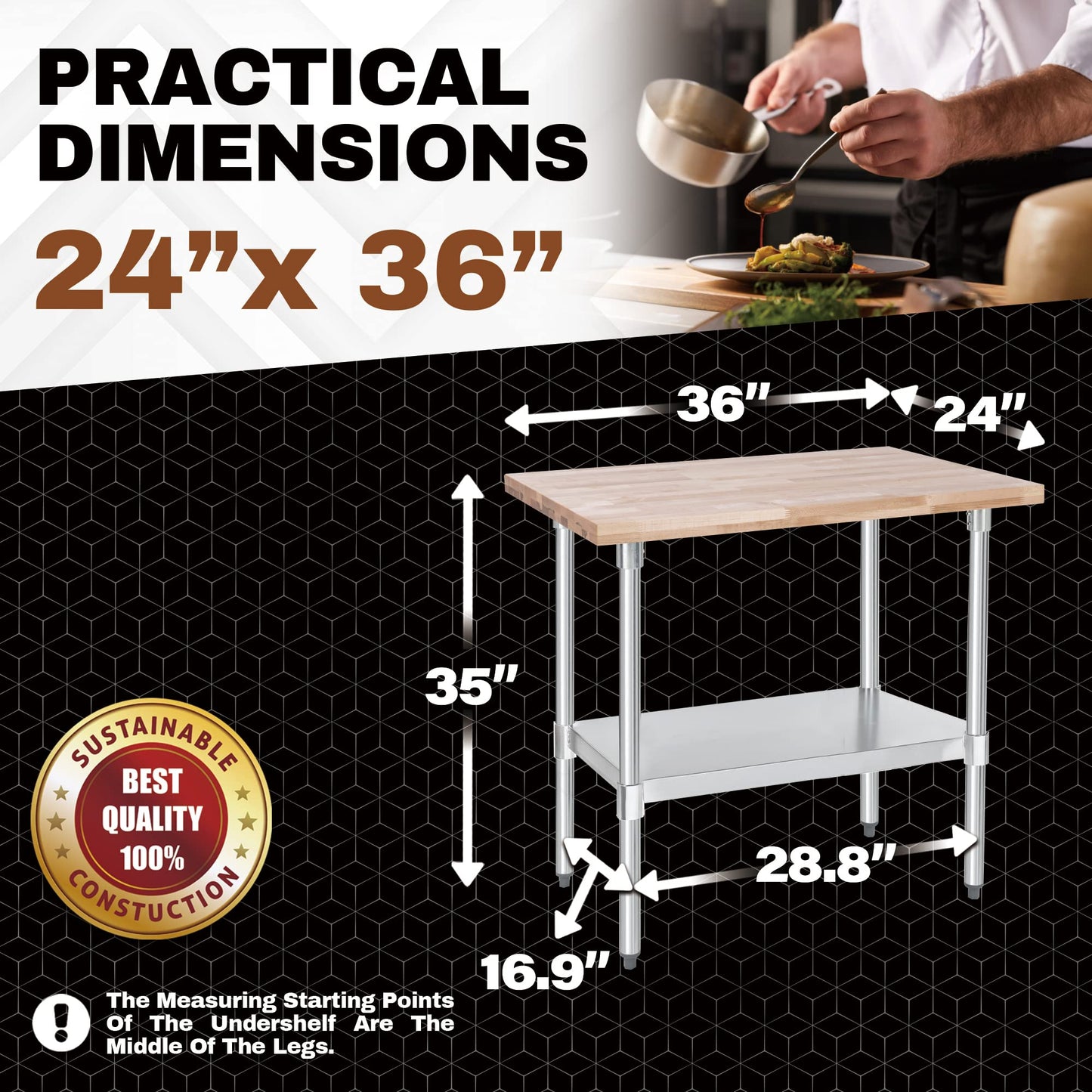 US Maple Top Work Table - 24 x 36 x 35 Inch Commercial Butcher Block Wooden Workbench with Adjustable Lower Shelf - Fits Restaurant, Warehouse, Home, Kitchen, Garage by DuraSteel