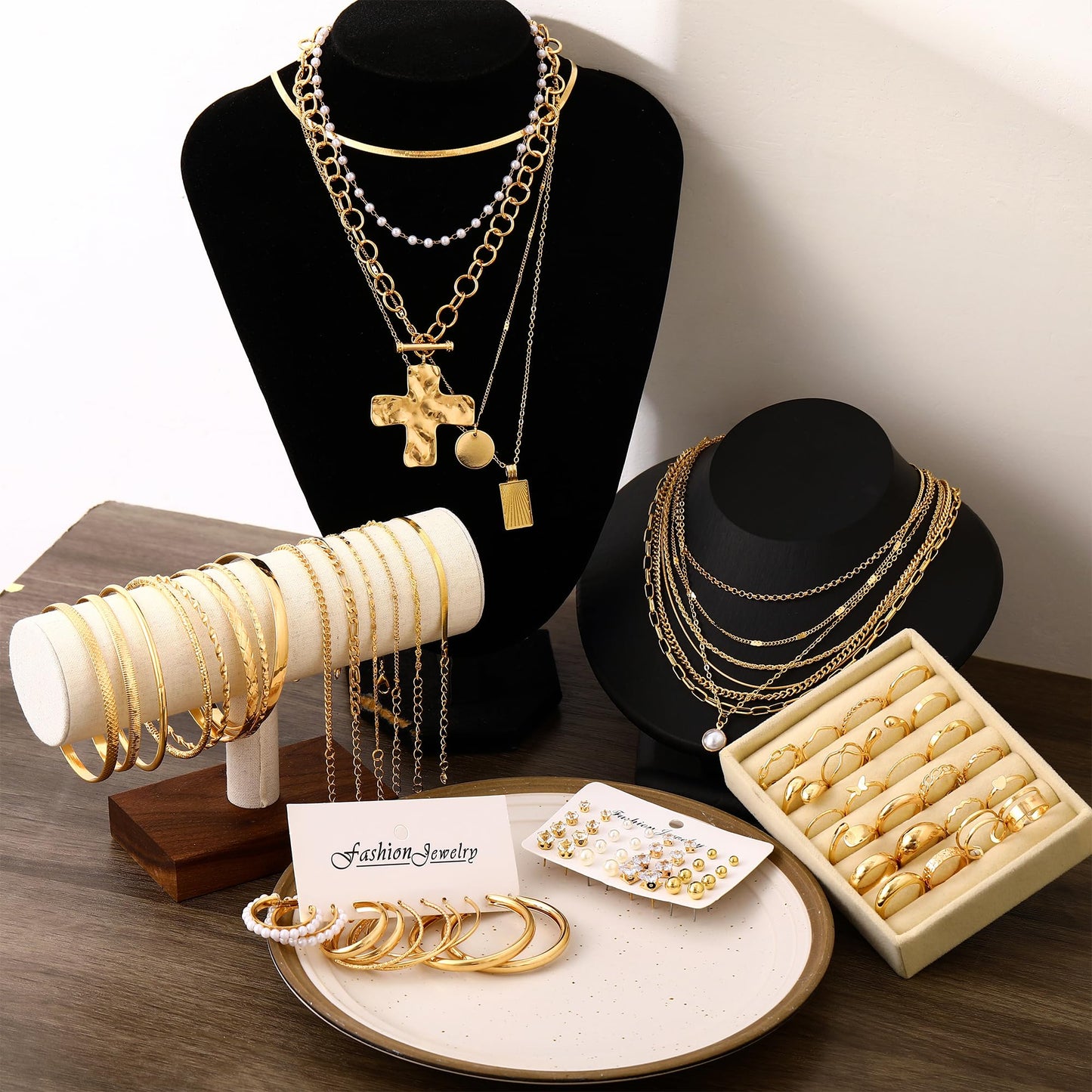 FAXHION 68 Pcs Gold Jewelry Set for Women with 7 Necklace, 17 Bracelet, 5 Hoop Earrings, 15 Stud Earrings, 24 Knuckle Rings for Women Jewelry Set for Women