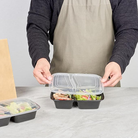 Asporto 32 Ounce Compartment Take Out Boxes, 50 Microwavable Meal Prep Containers - 2 Compartments, With Clear Plastic Lids, Black Plastic Food Containers, Do Not Contain BPA - Restaurantware
